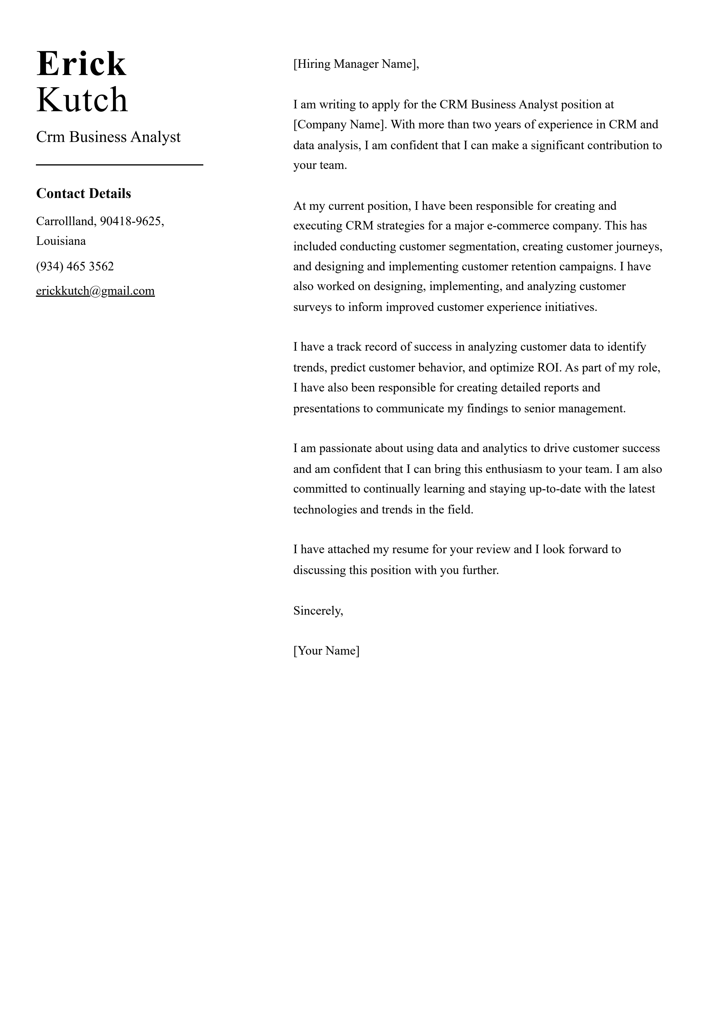 Crm Business Analyst Cover Letter Example