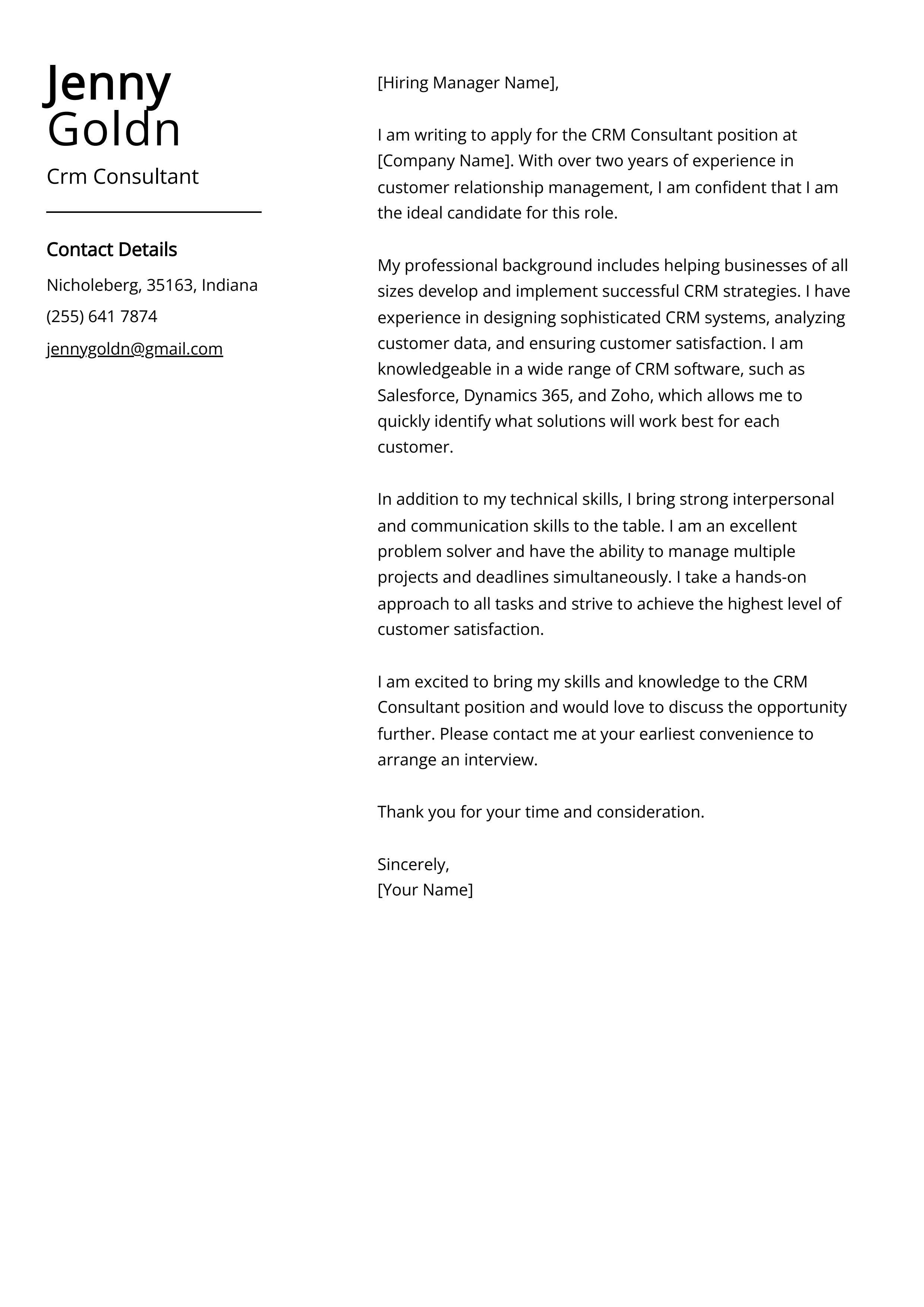 Crm Consultant Cover Letter Example