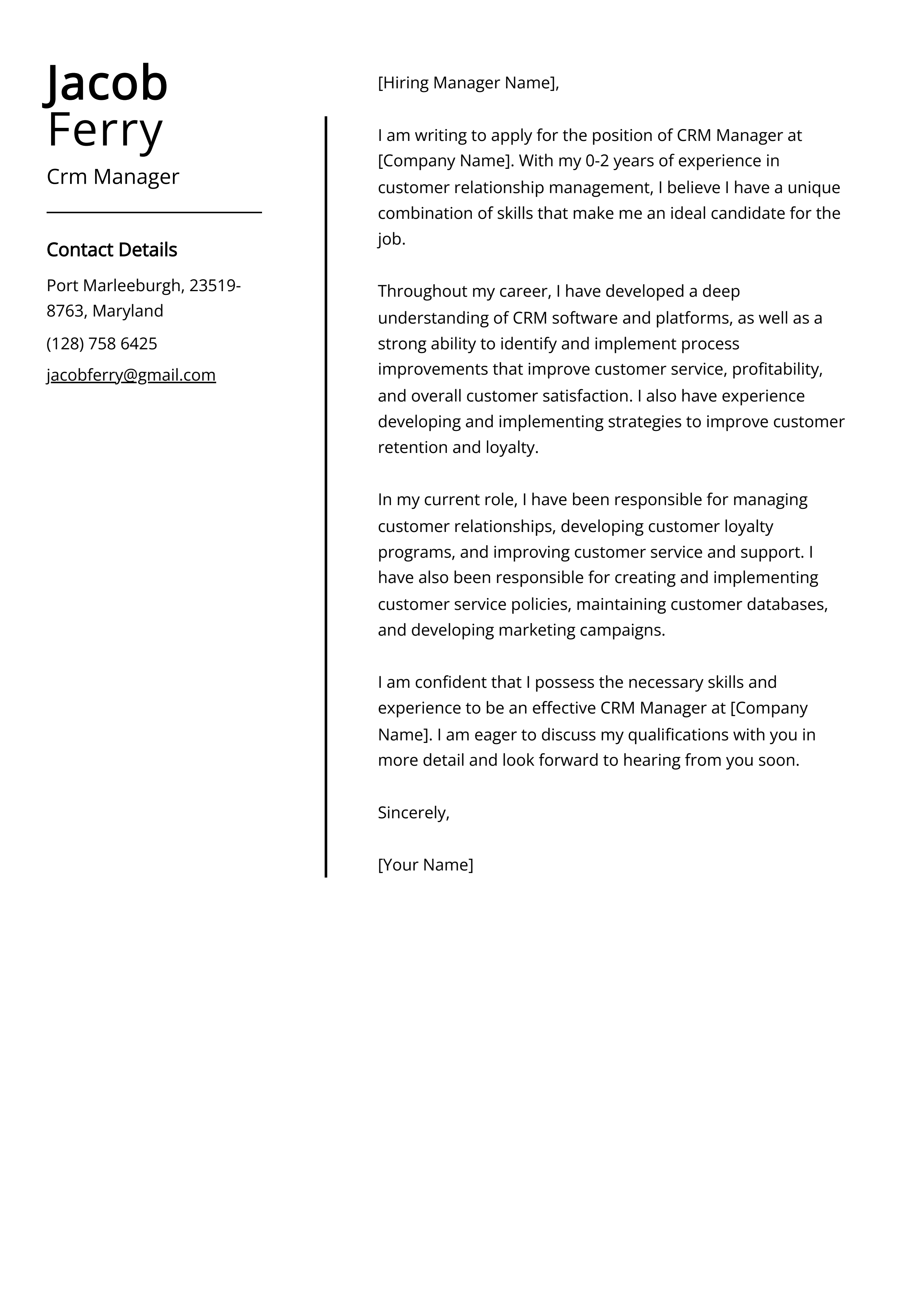 Crm Manager Cover Letter Example