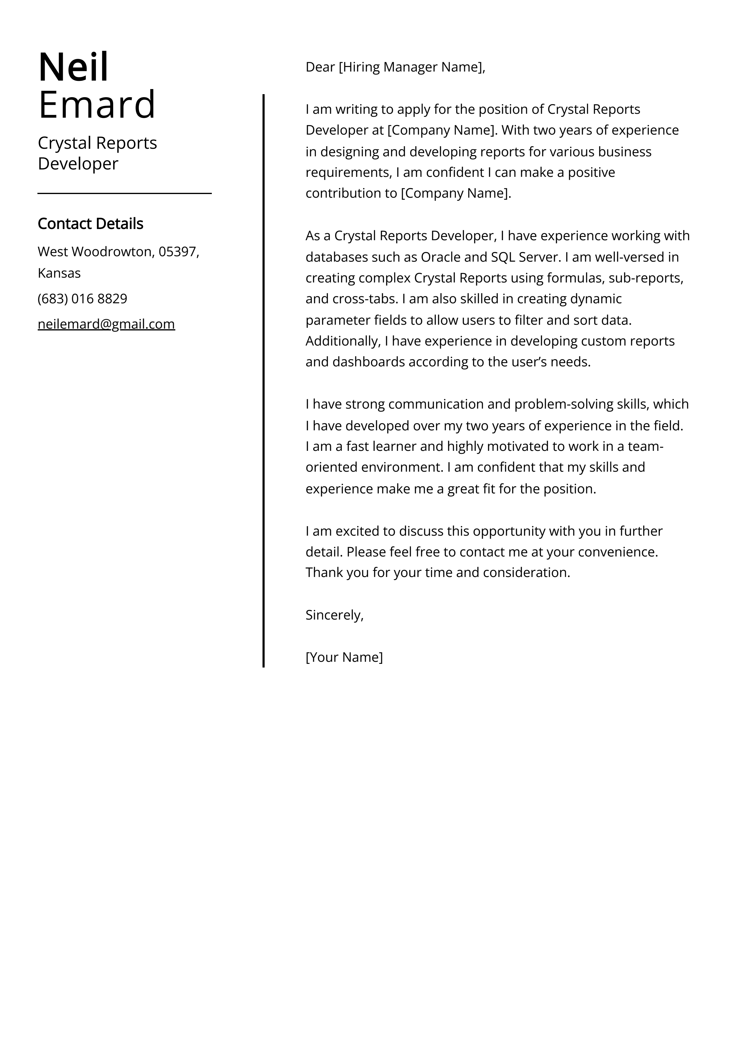 Crystal Reports Developer Cover Letter Example