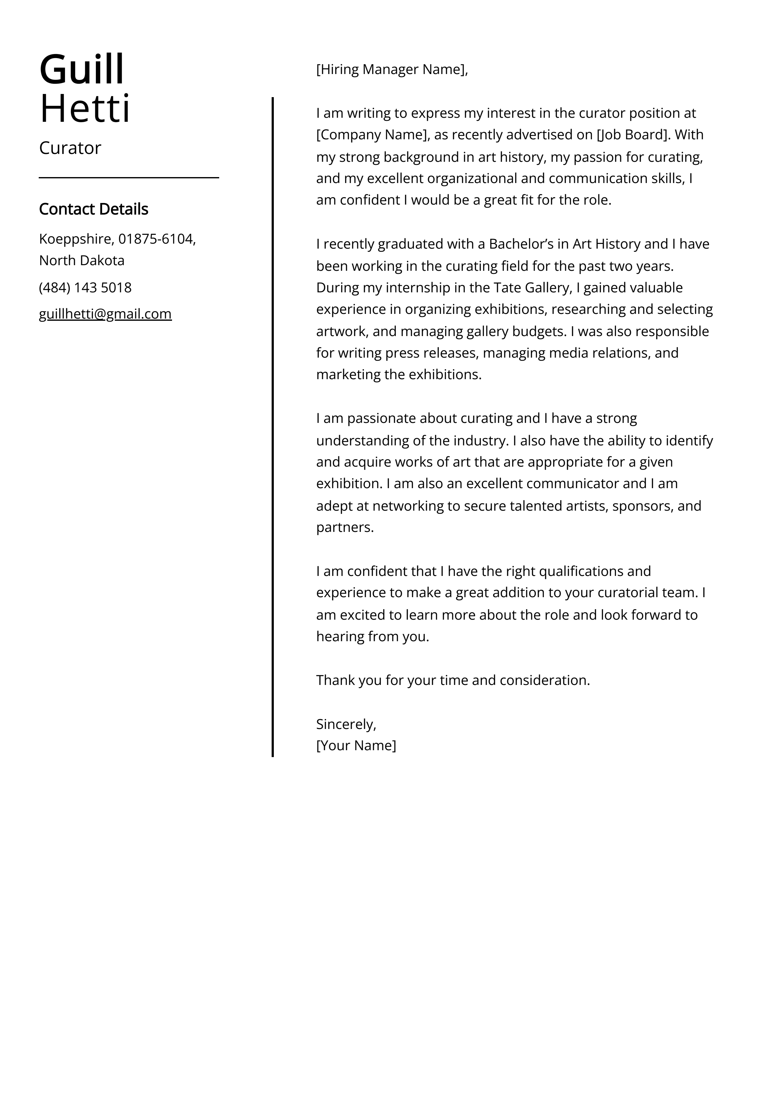 Curator Cover Letter Example
