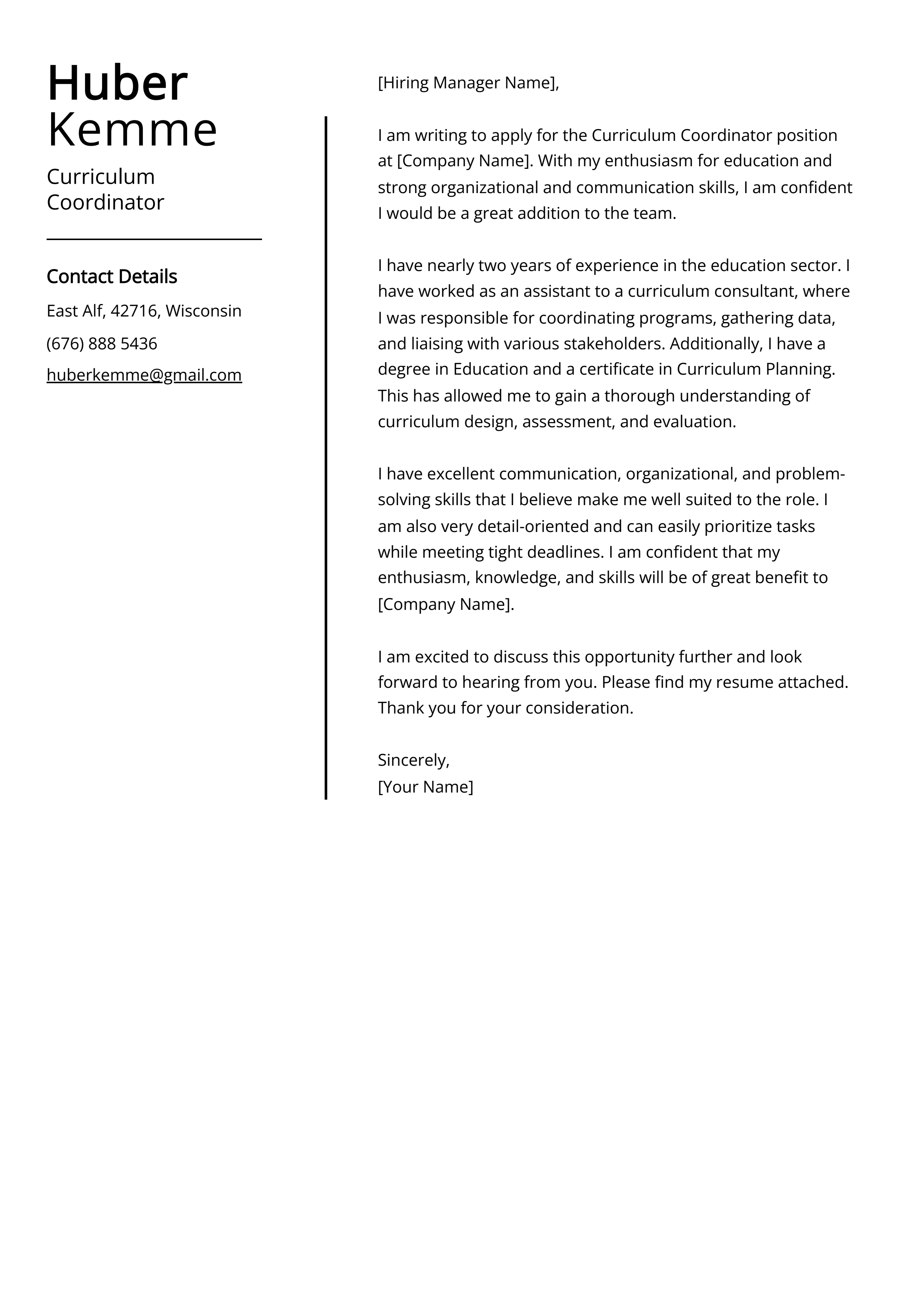 Curriculum Coordinator Cover Letter Example
