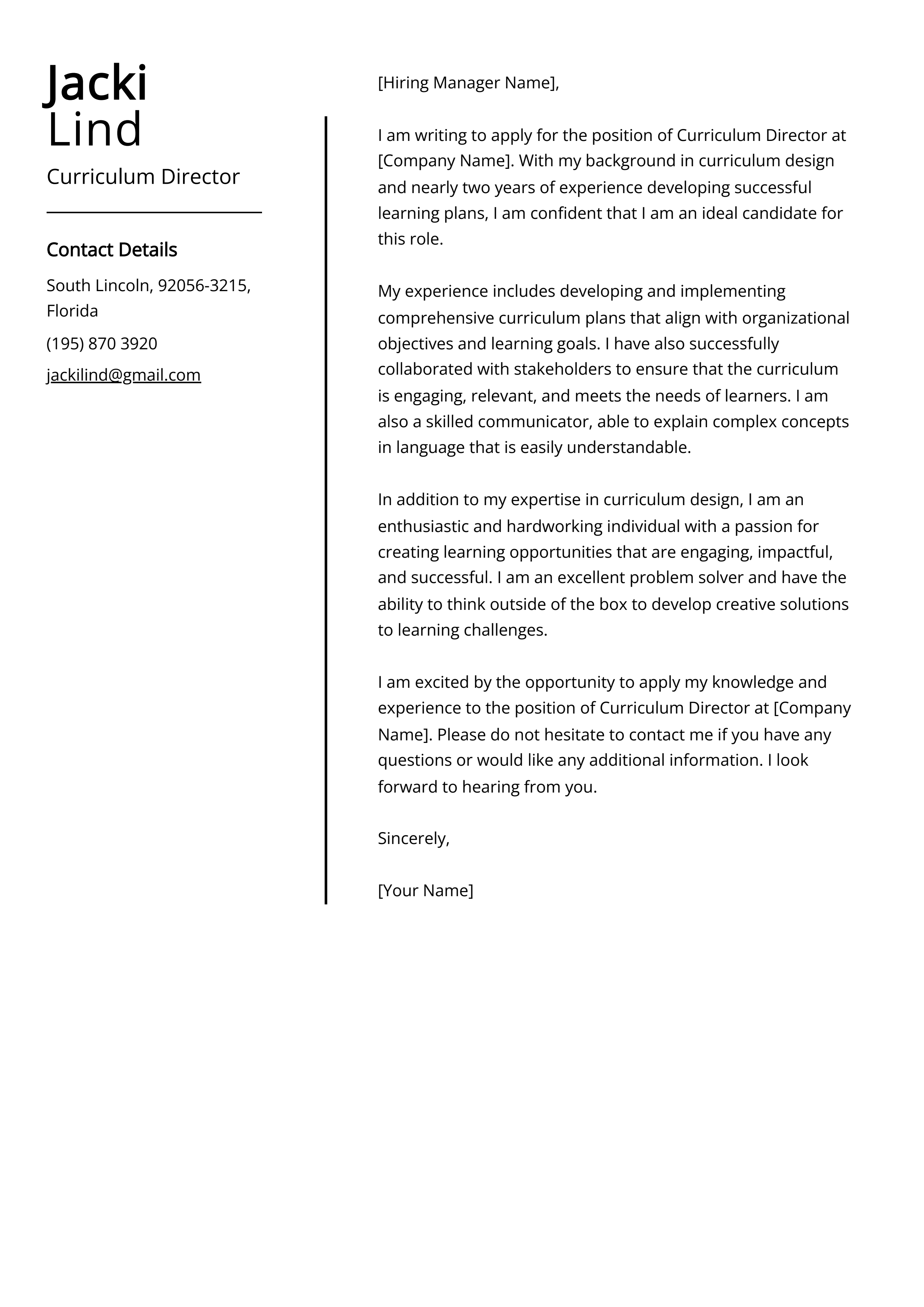 Curriculum Director Cover Letter Example
