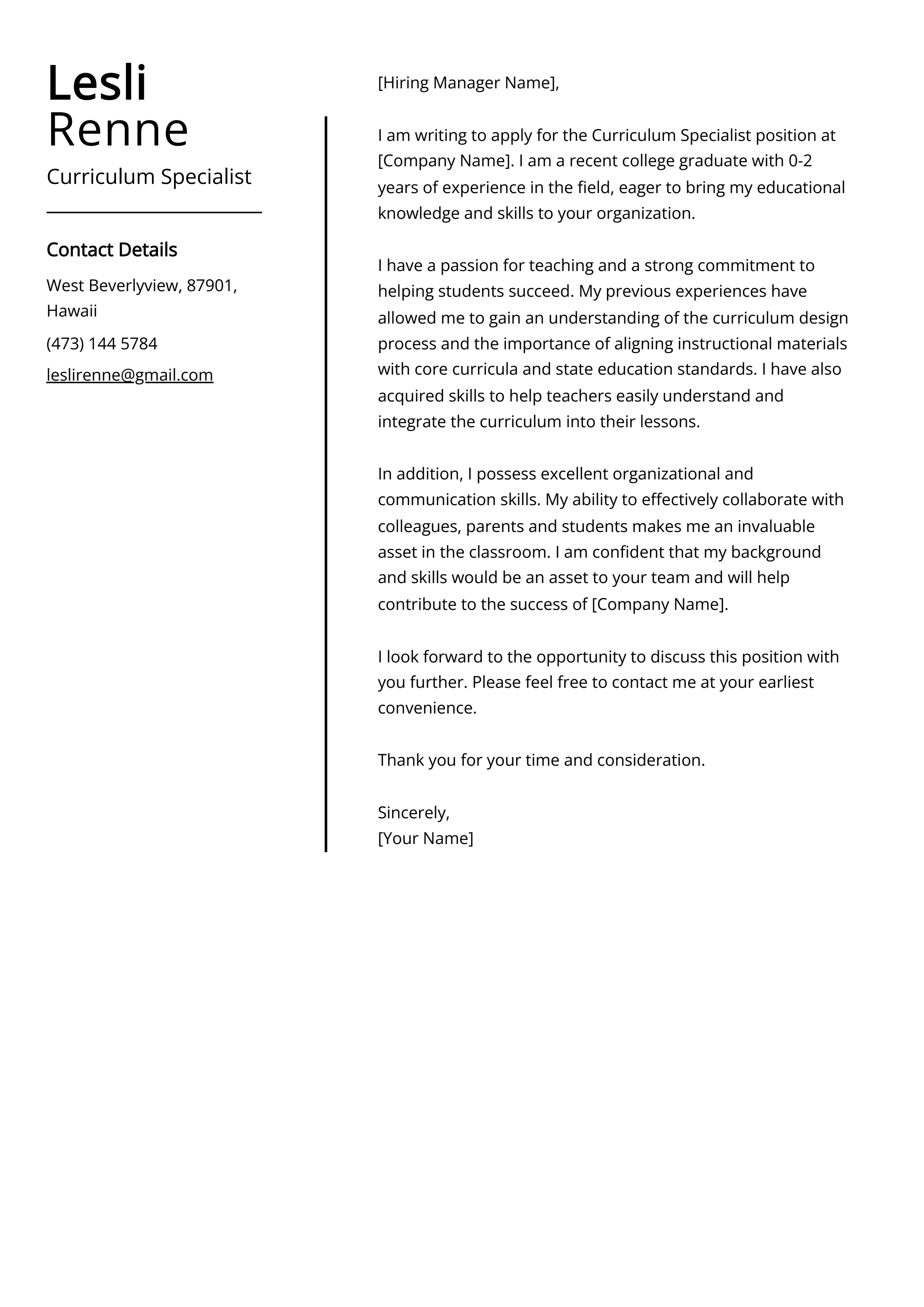 Curriculum Specialist Cover Letter Example
