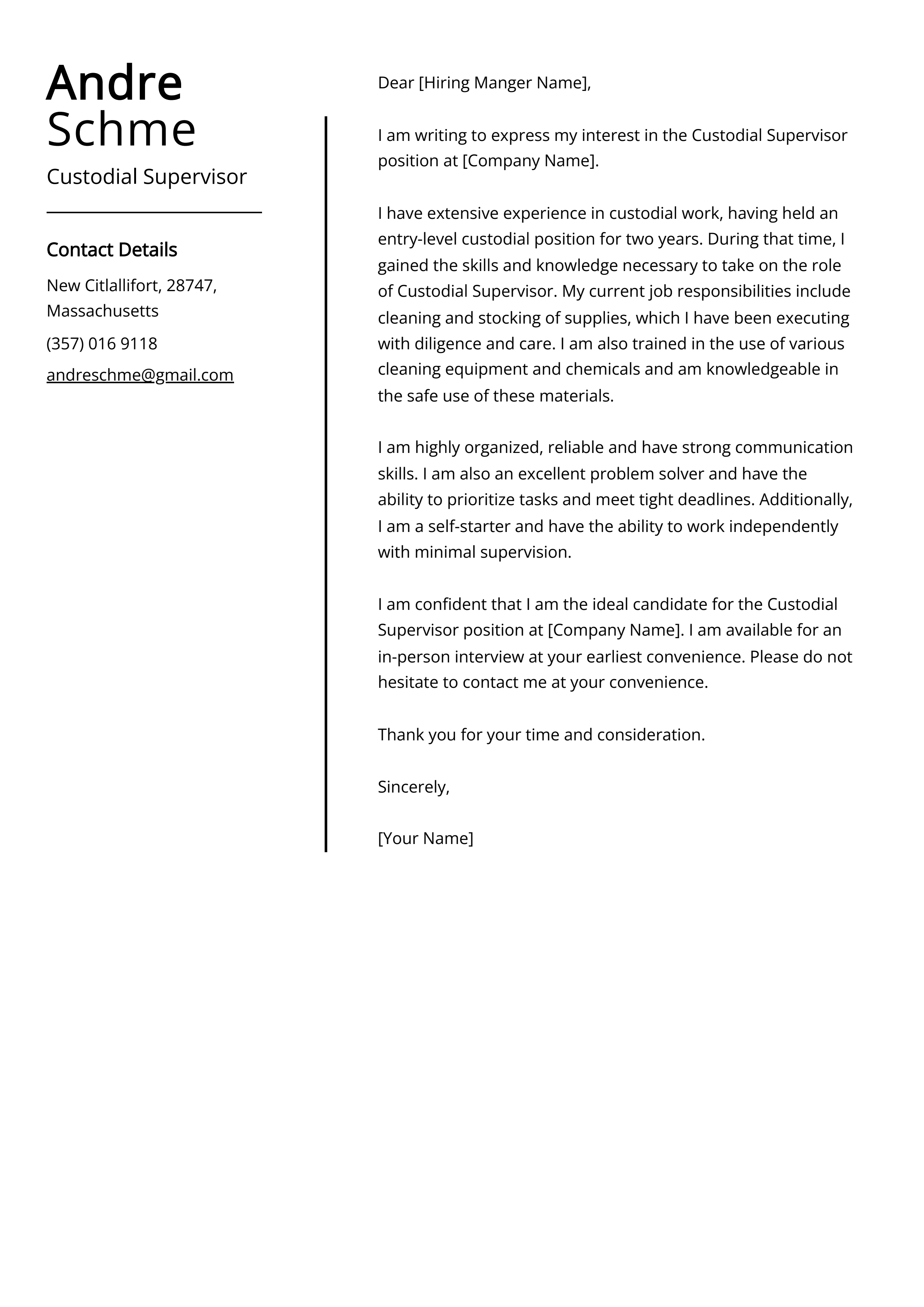 Custodial Supervisor Cover Letter Example