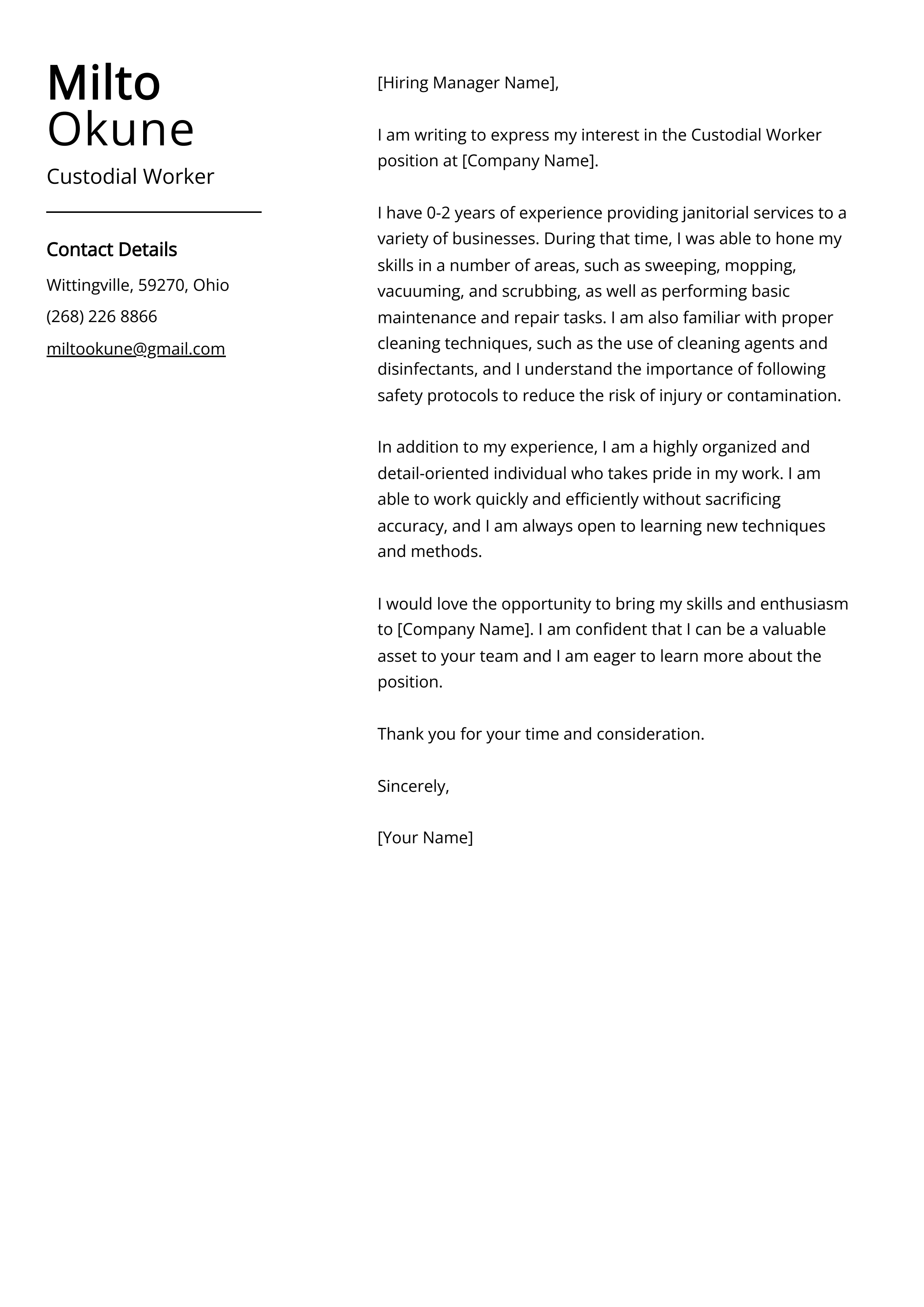Custodial Worker Cover Letter Example