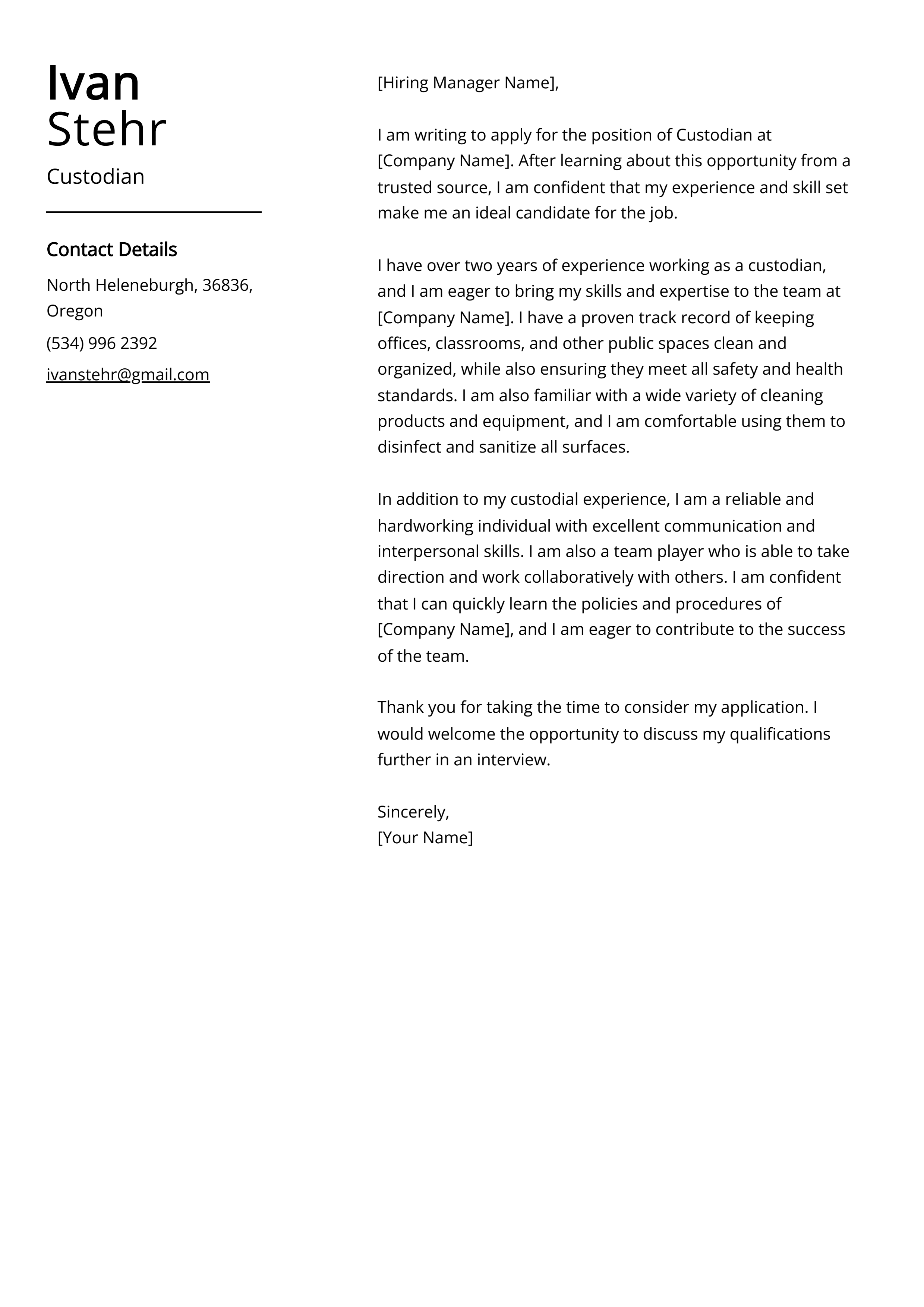 Custodian Cover Letter Example