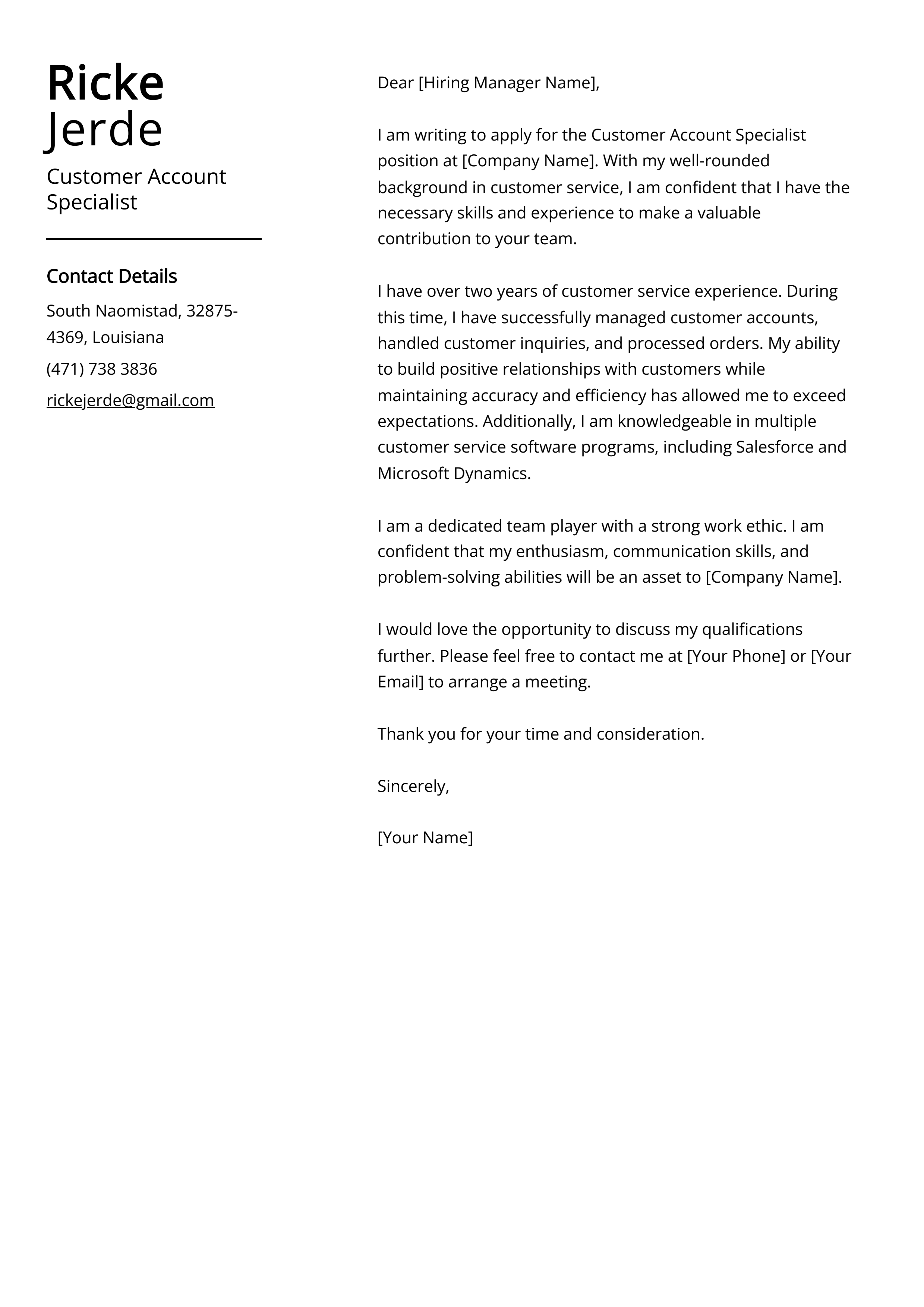 Customer Account Specialist Cover Letter Example