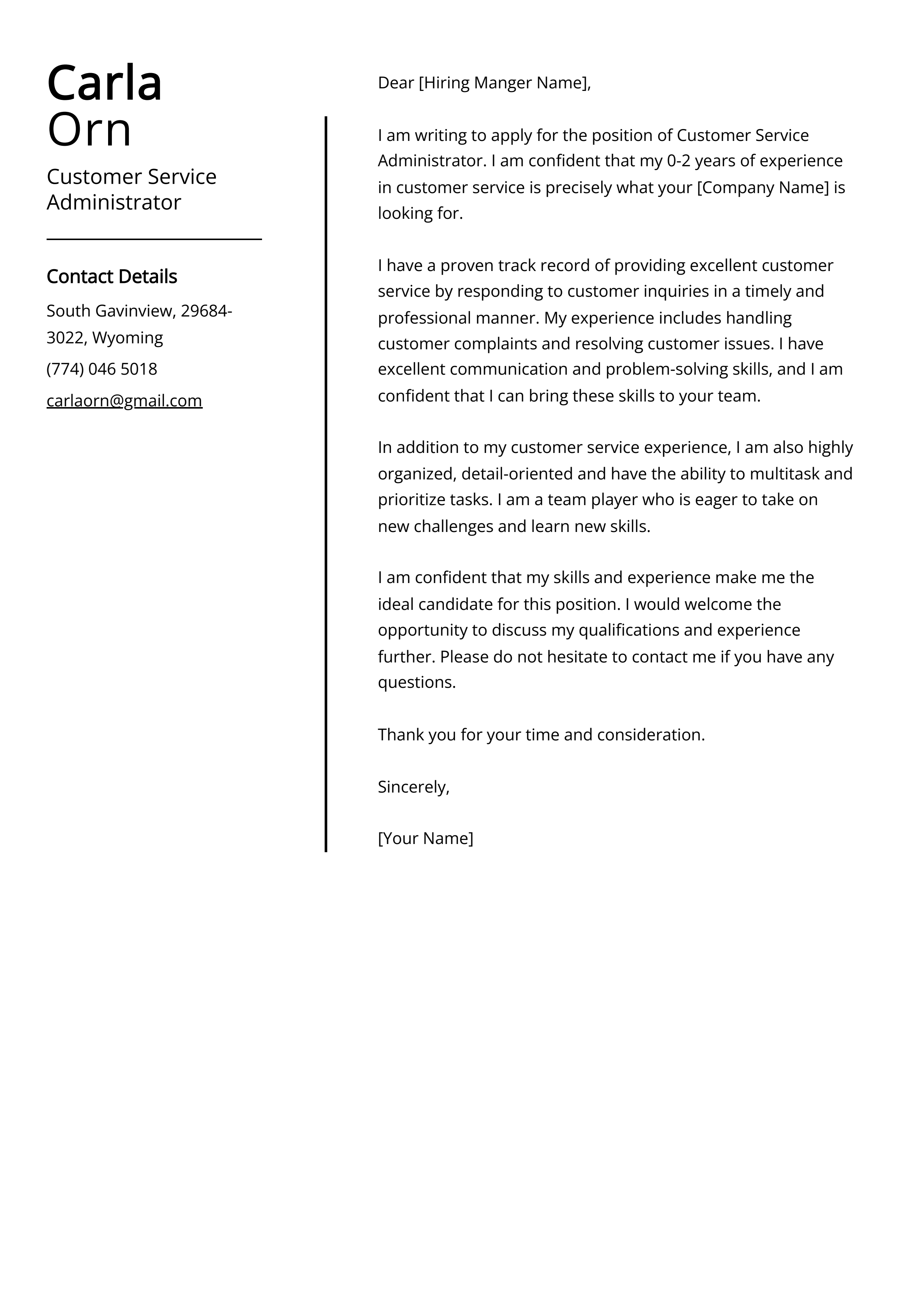 Customer Service Administrator Cover Letter Example