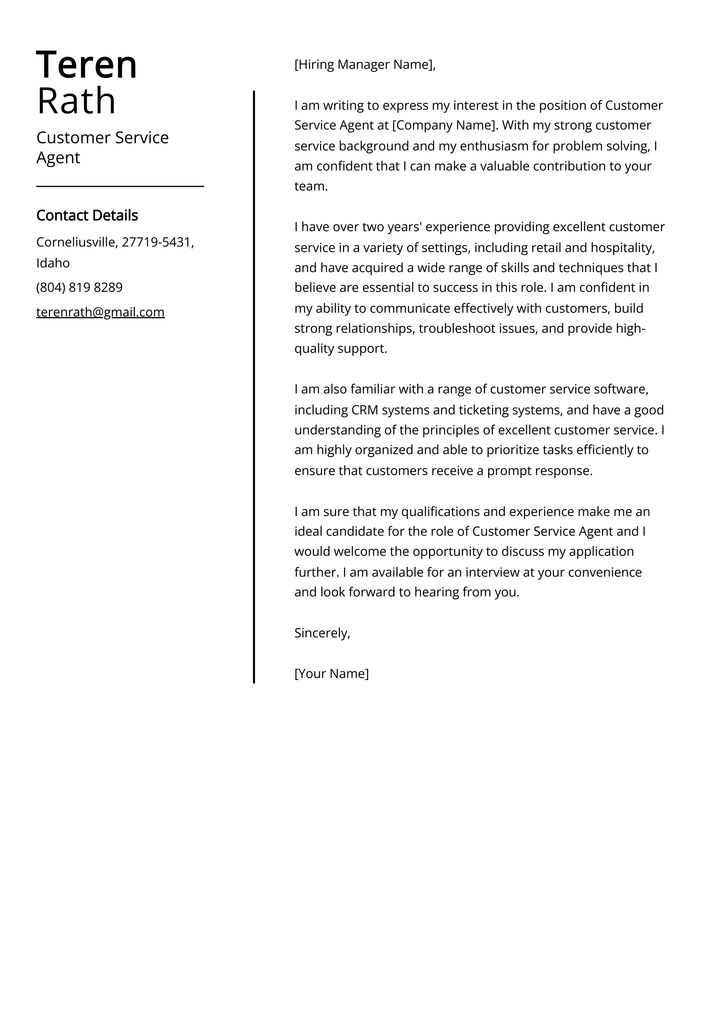 Customer Service Agent Cover Letter Example