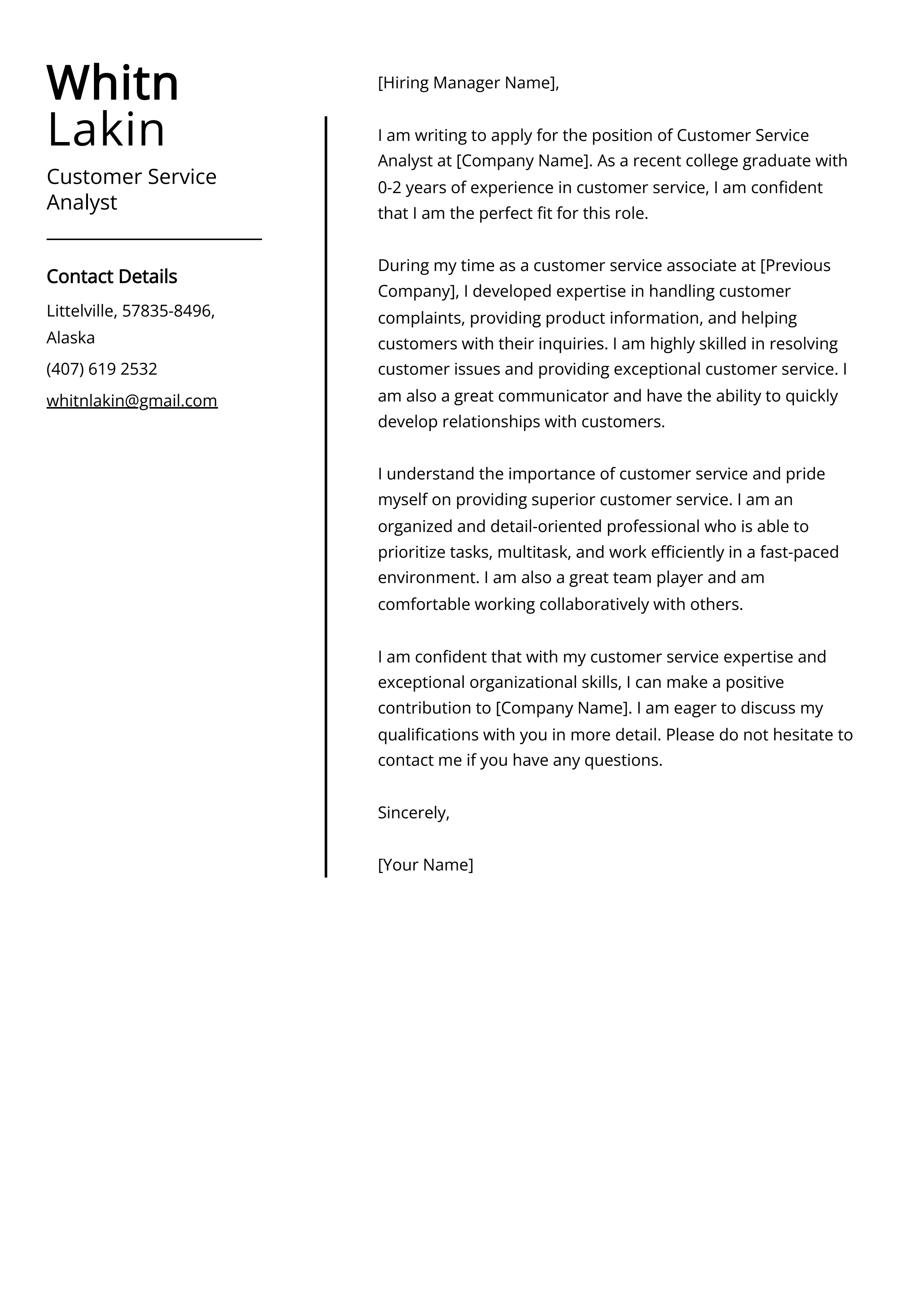 Customer Service Analyst Cover Letter Example