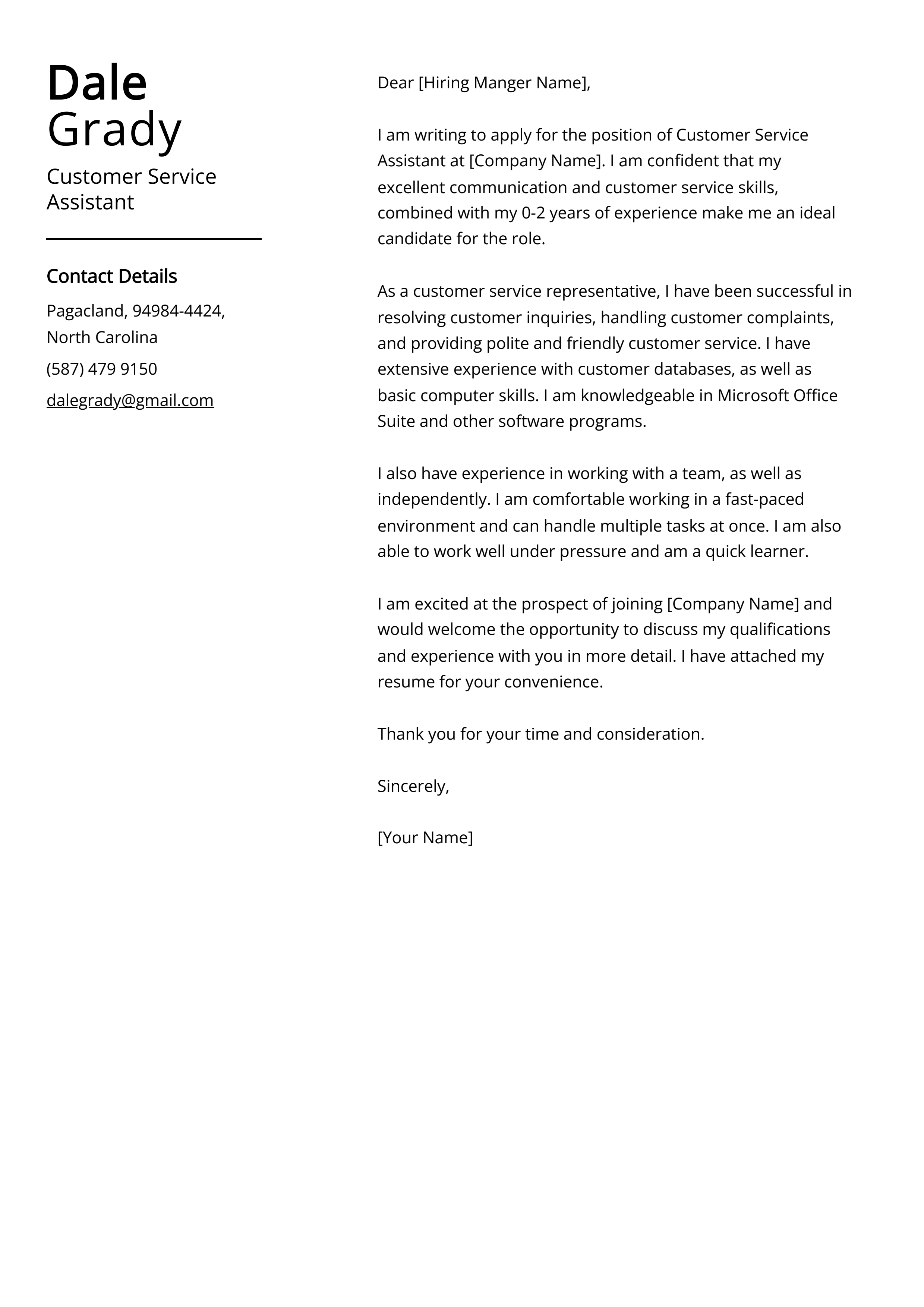 Example Cover Letter For Customer Service Customer Service