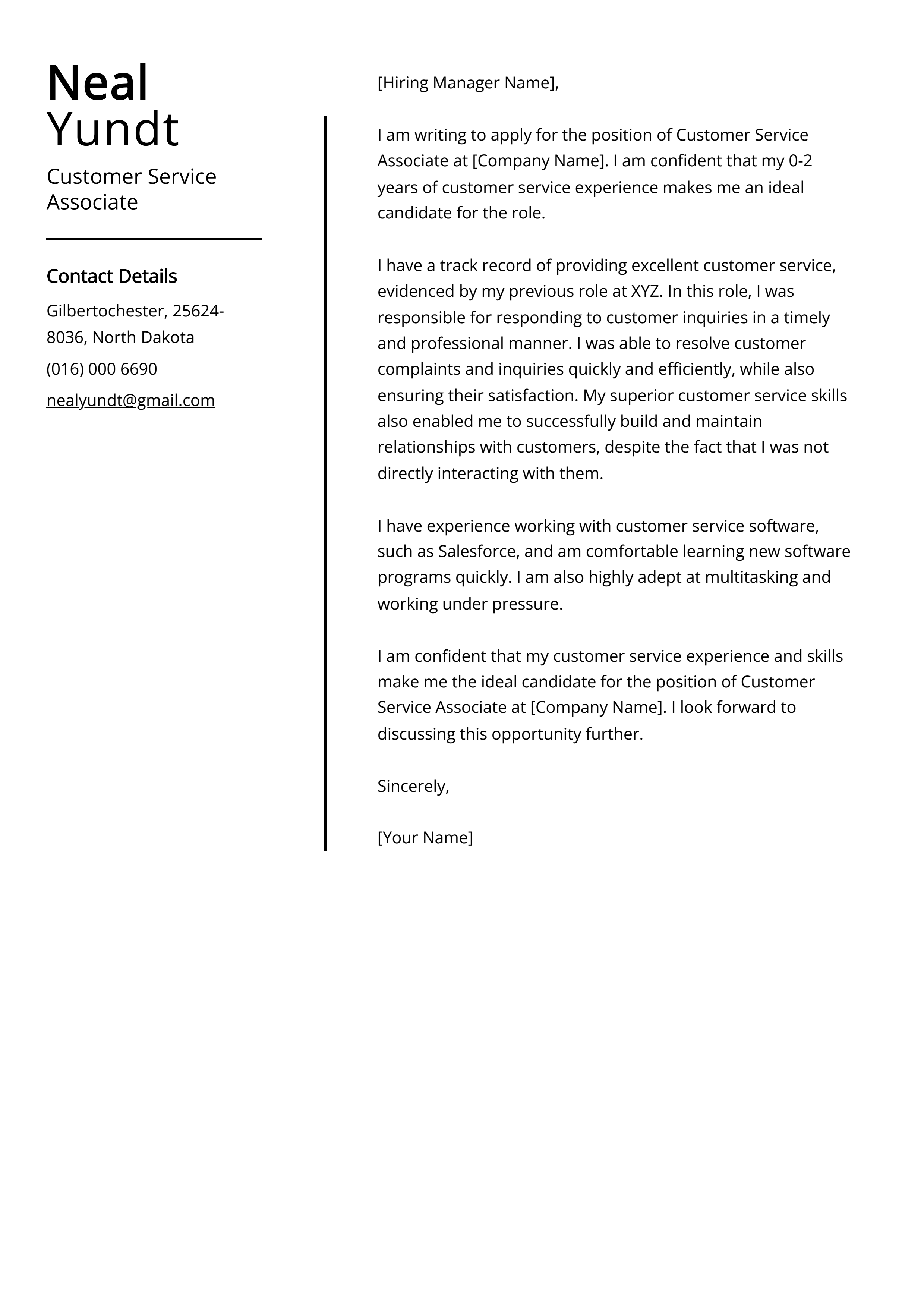 Customer Service Associate Cover Letter Example