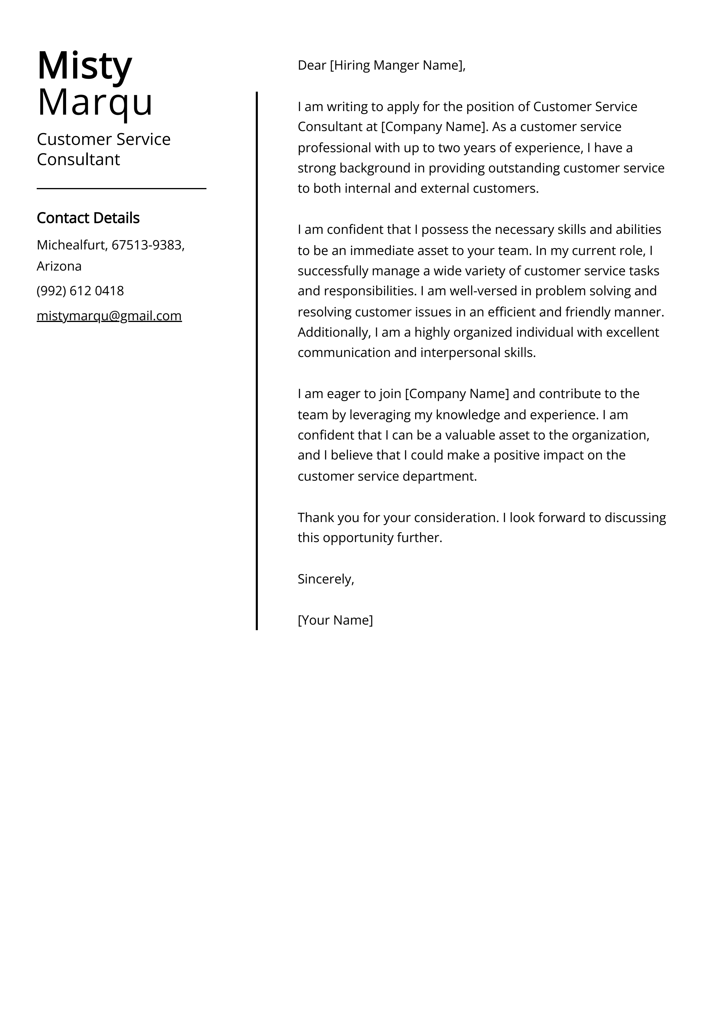Customer Service Consultant Cover Letter Example