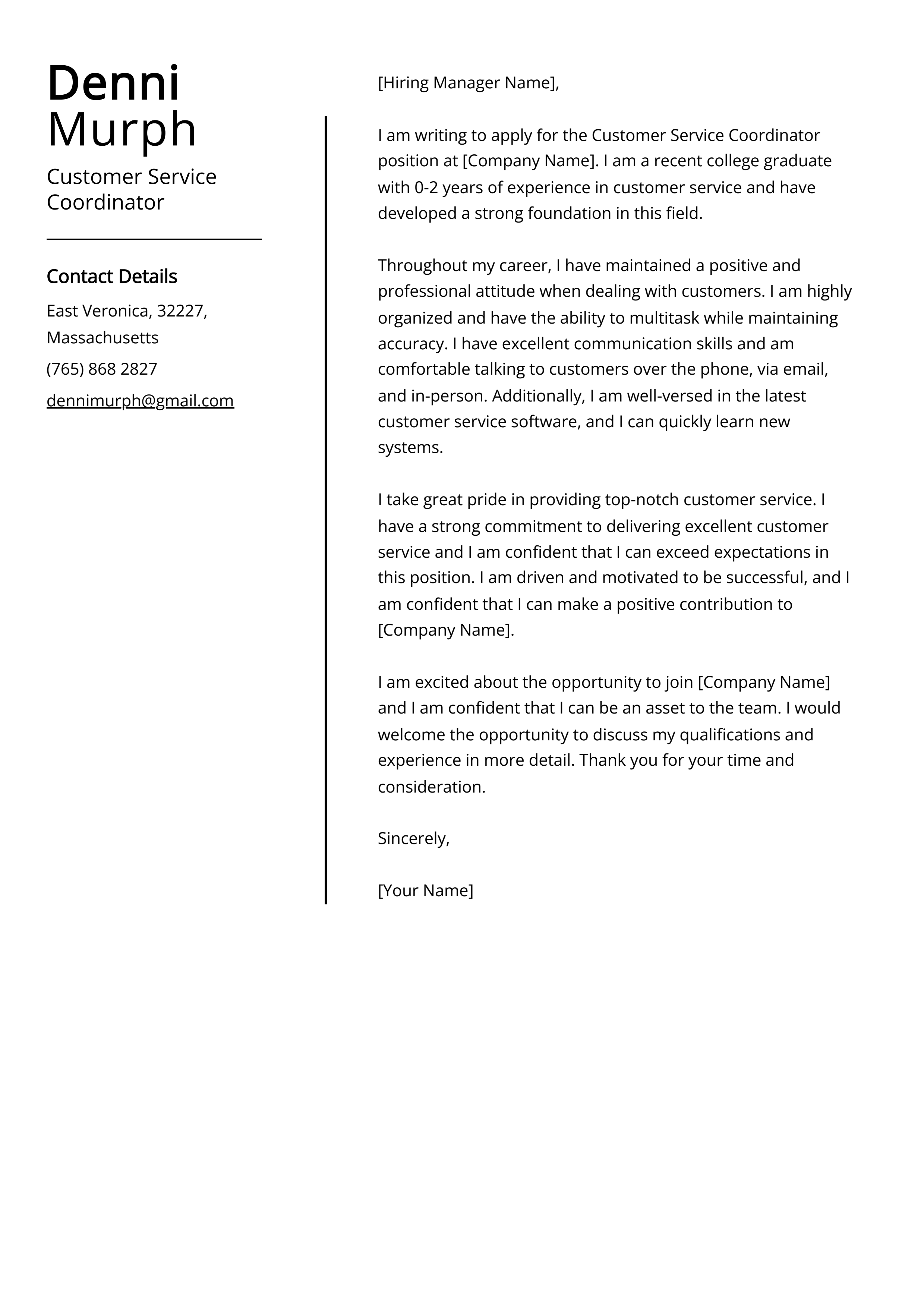 Customer Service Coordinator Cover Letter Example