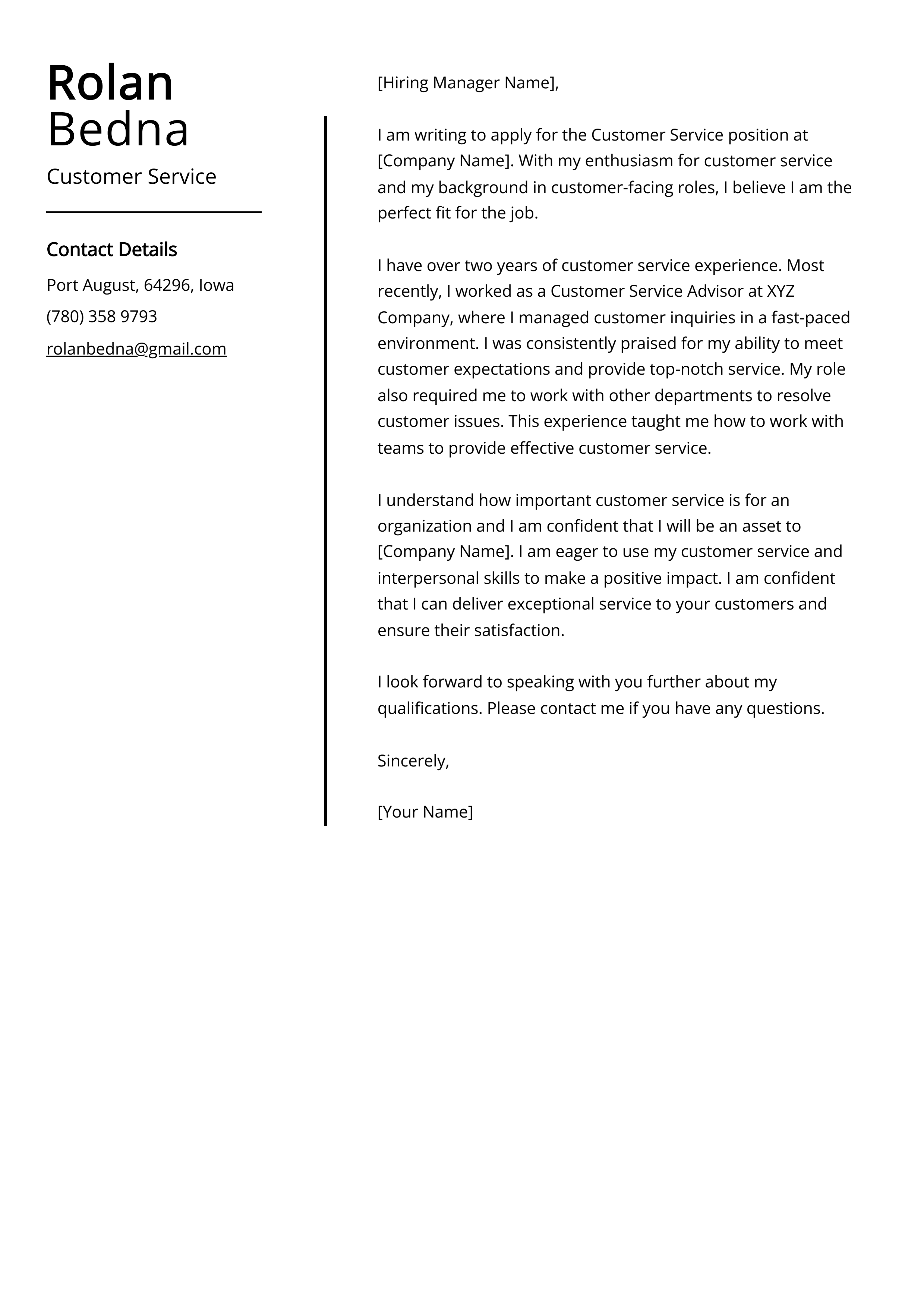 Customer Service Cover Letter Example