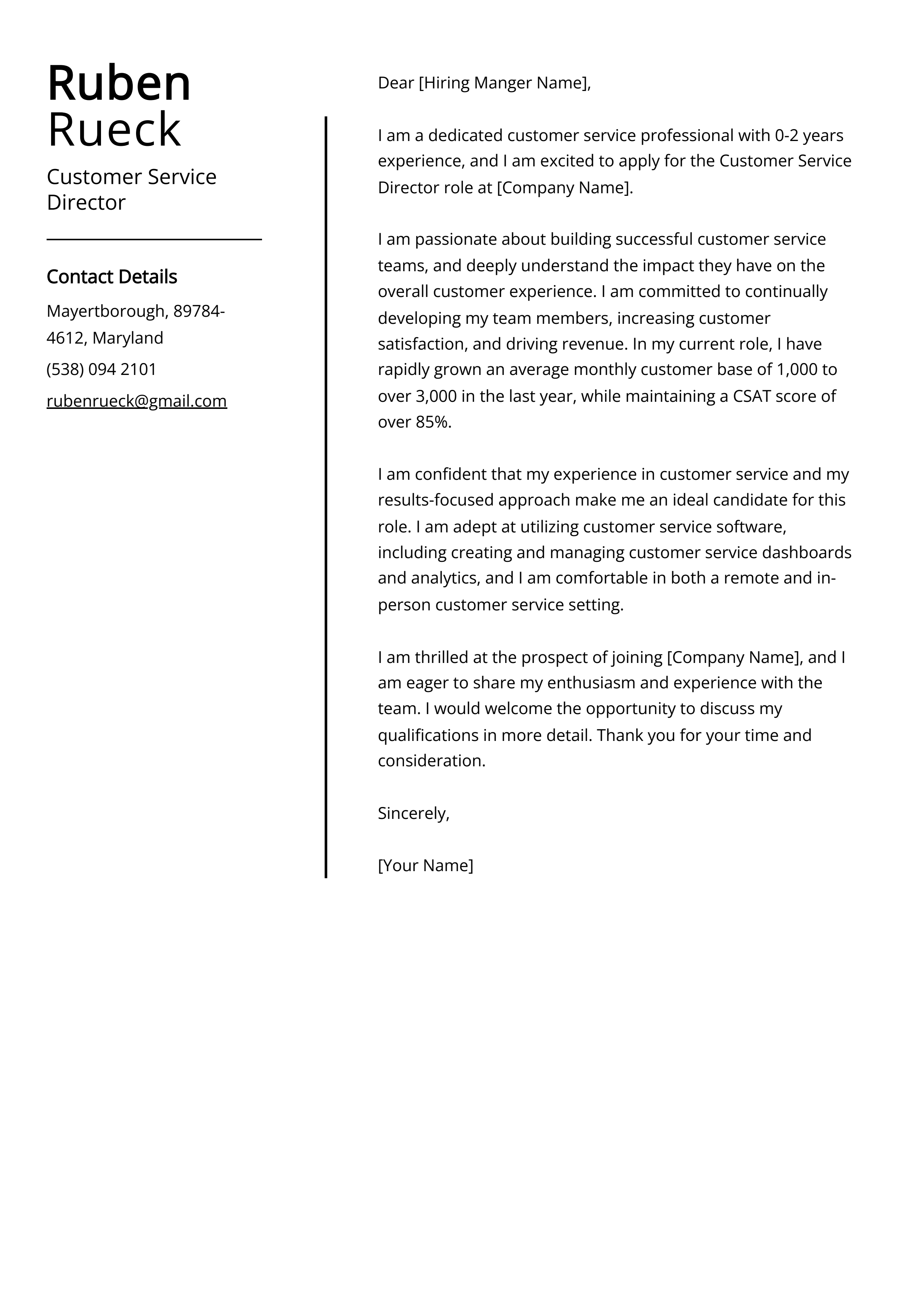 Customer Service Director Cover Letter Example