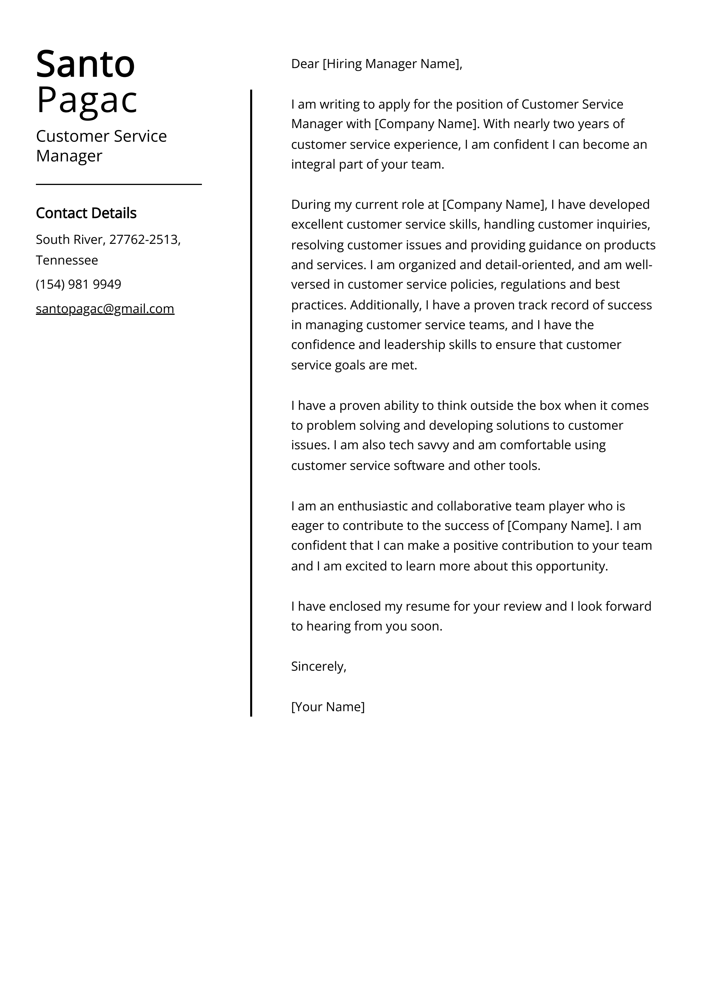 Customer Service Manager Cover Letter Example