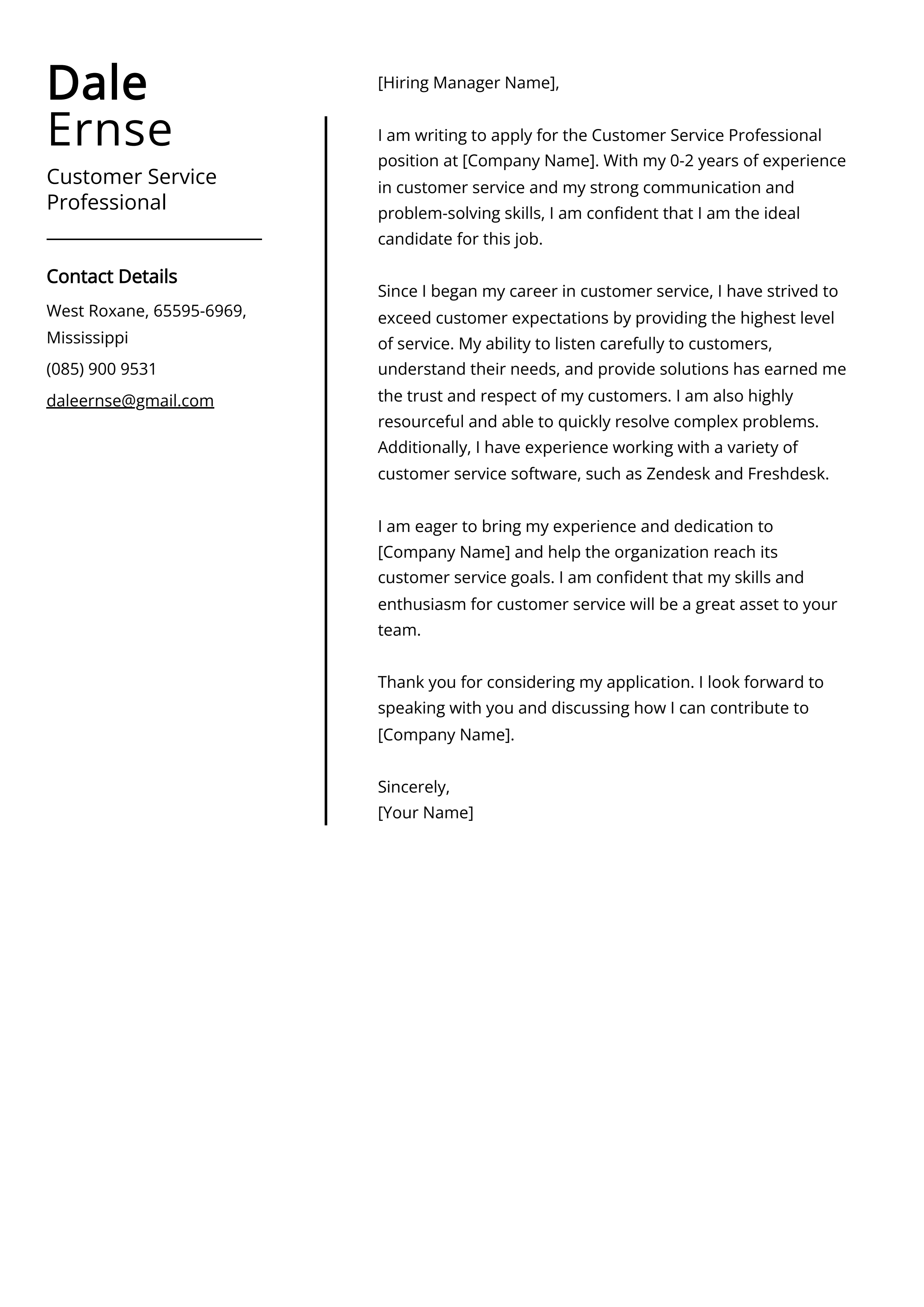 Customer Service Professional Cover Letter Example