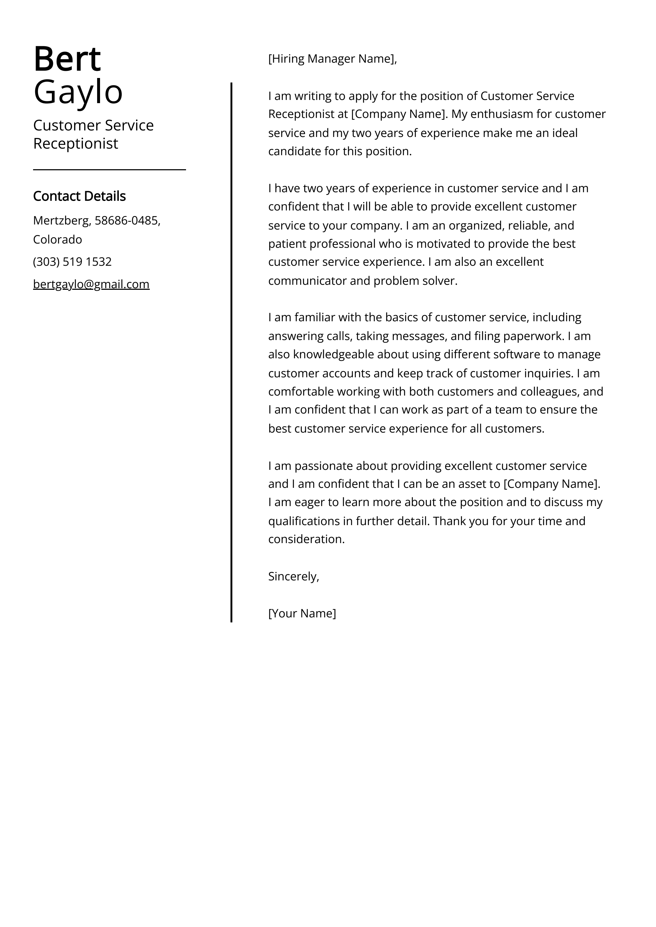 Customer Service Receptionist Cover Letter Example