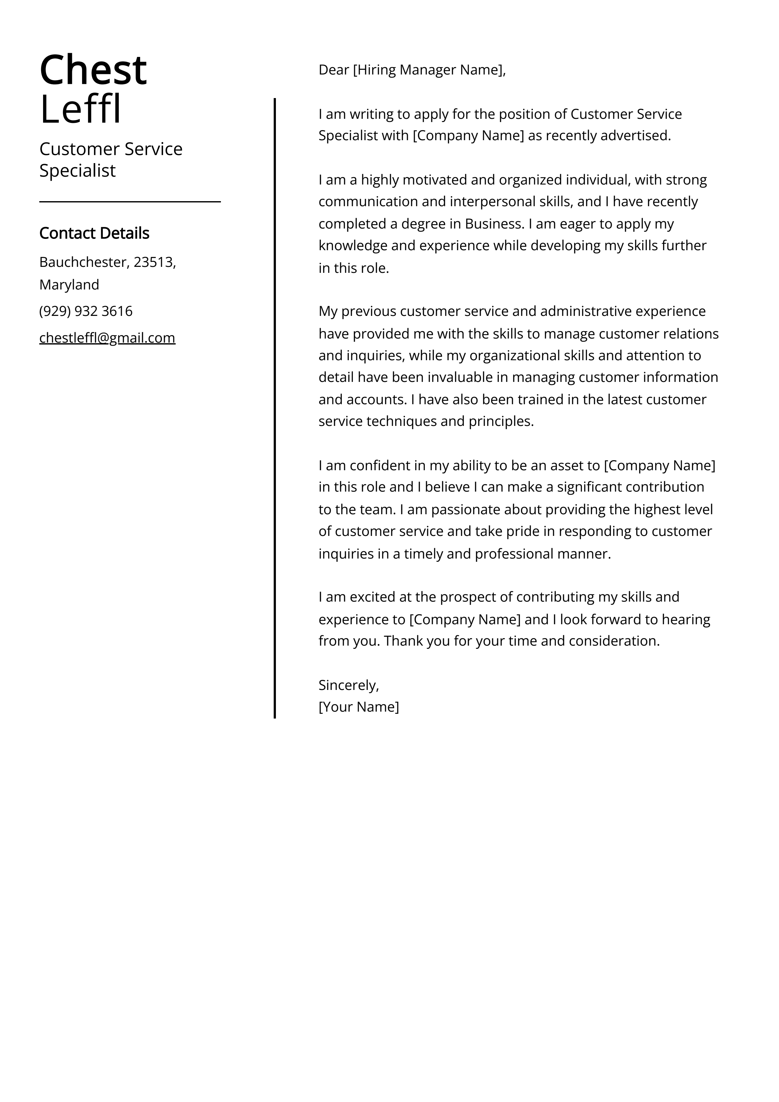 Customer Service Specialist Cover Letter Example