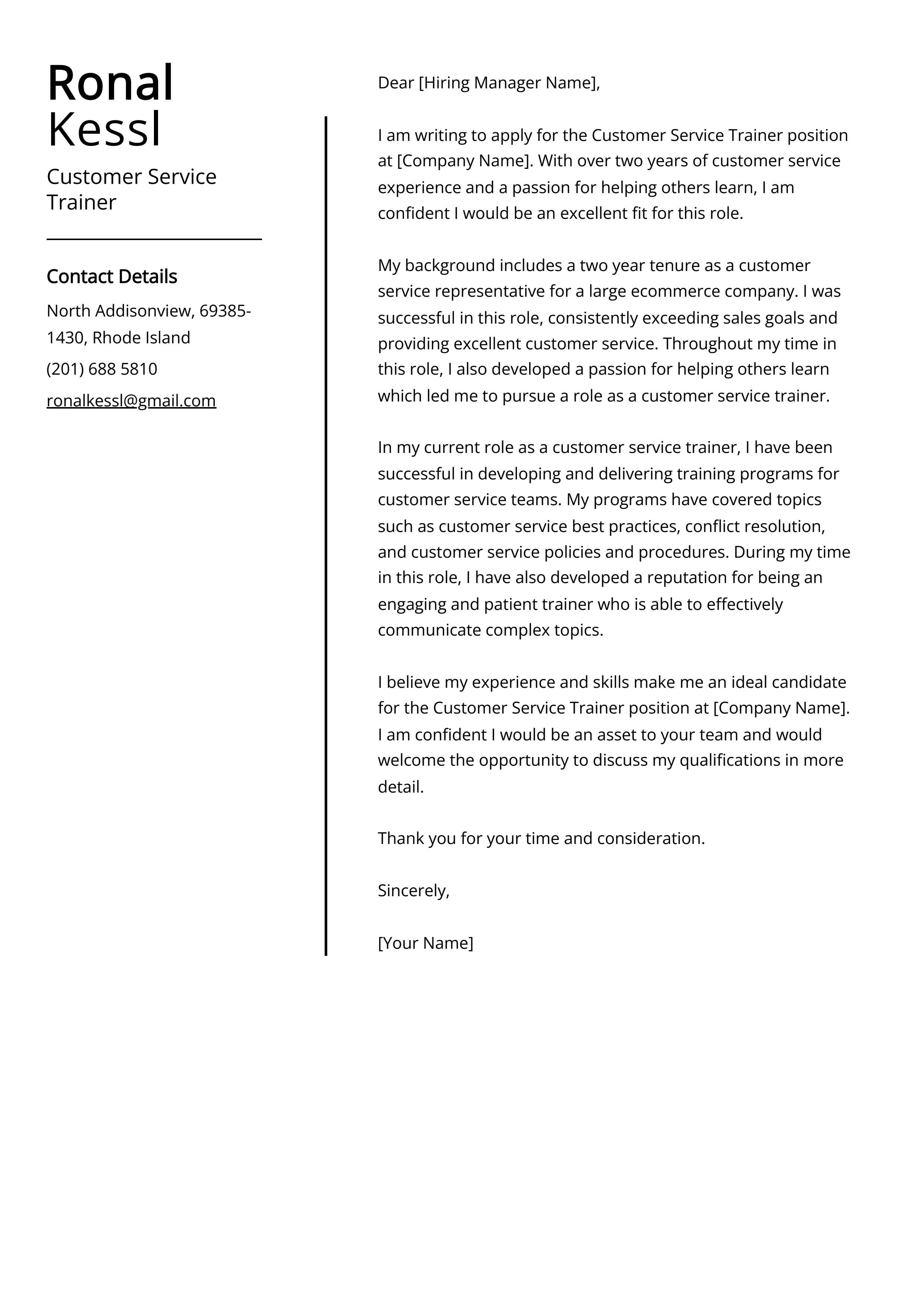 Customer Service Trainer Cover Letter Example