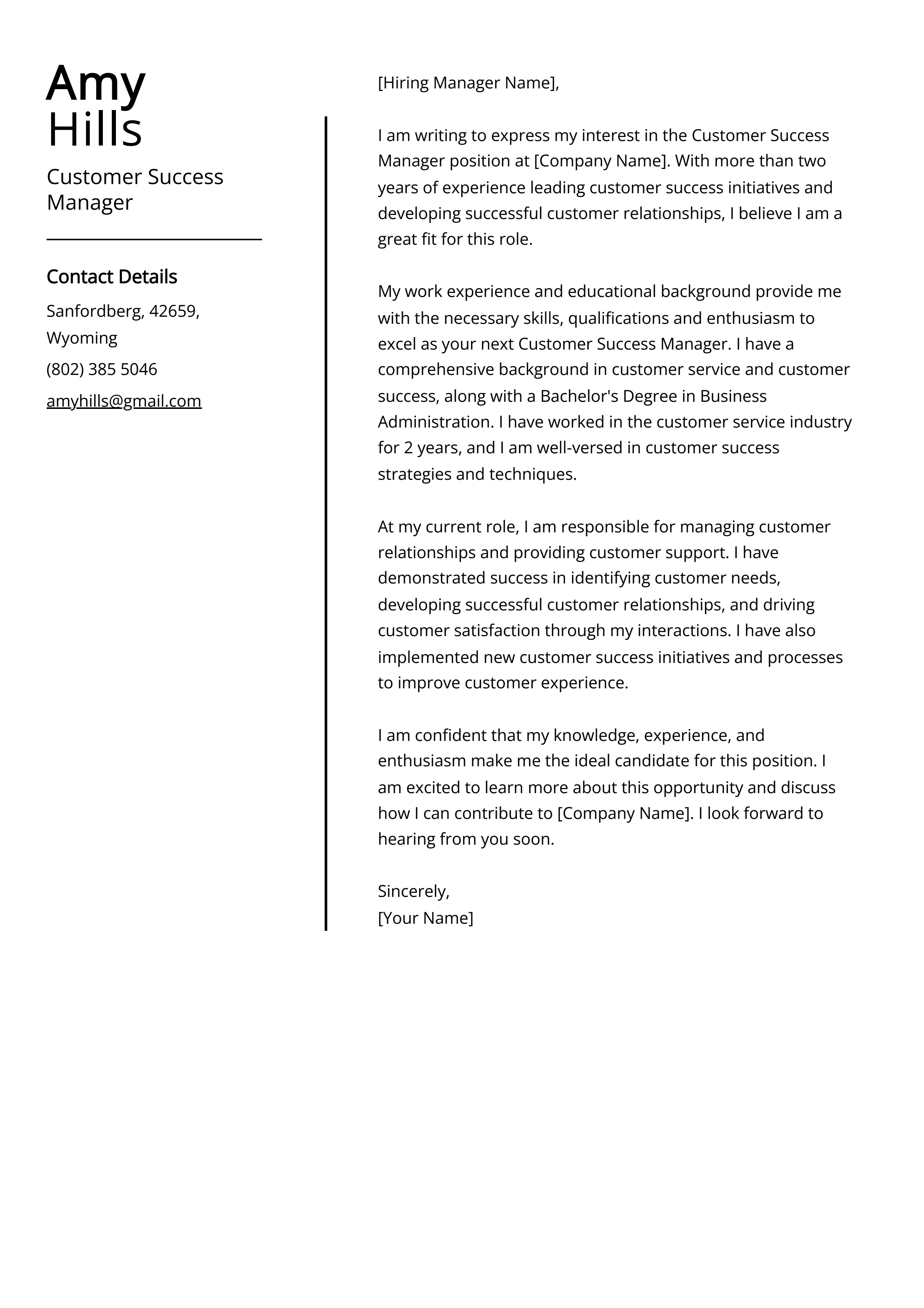 Customer Success Manager Cover Letter Example