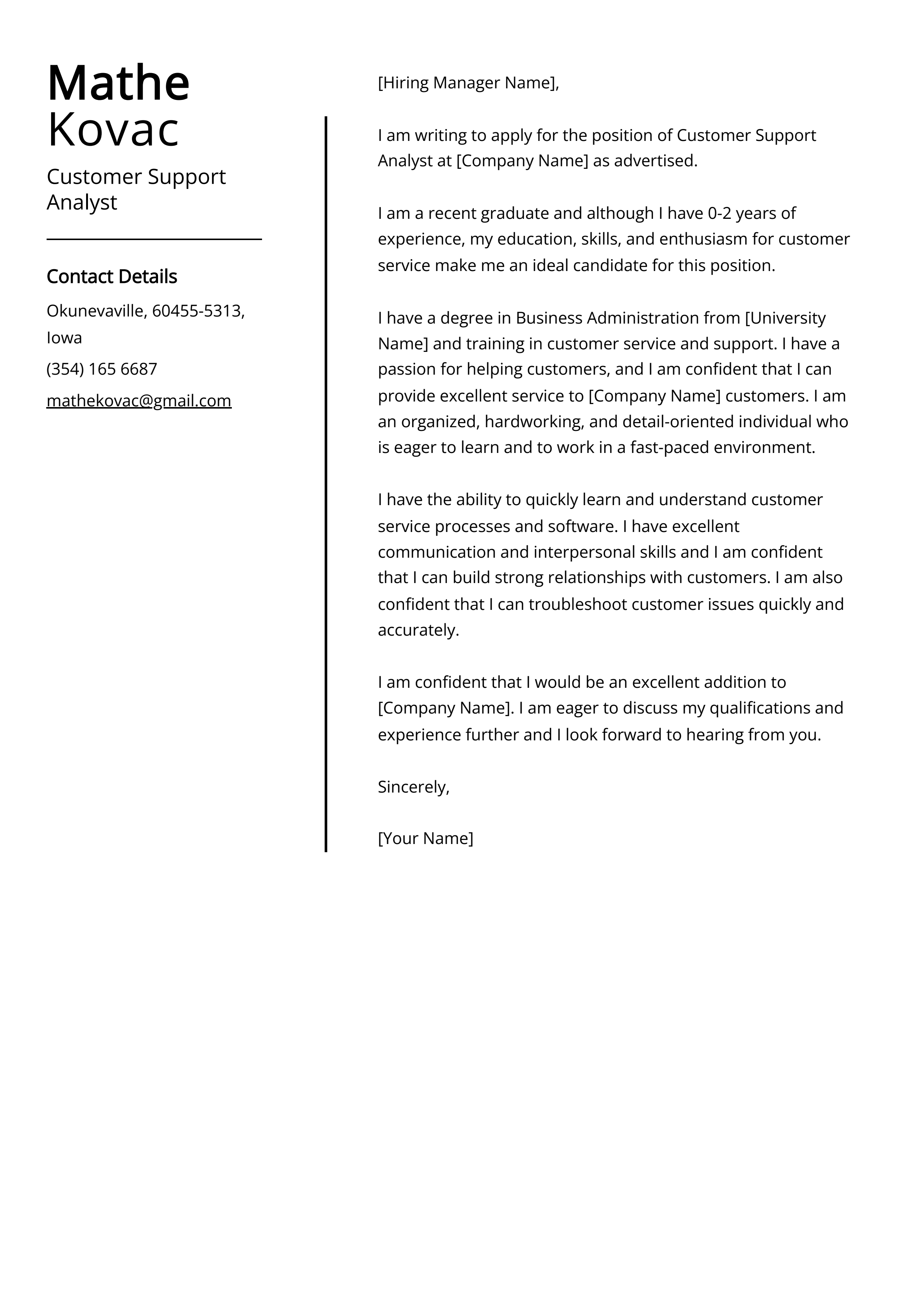Customer Support Analyst Cover Letter Example