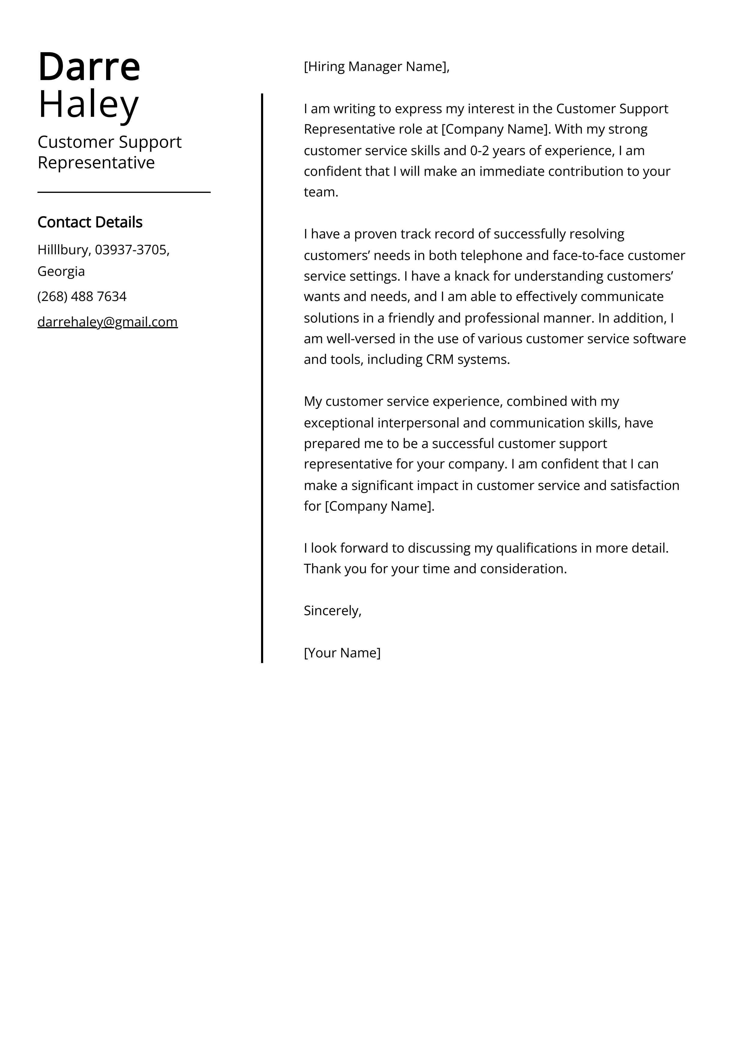 Customer Support Representative Cover Letter Example