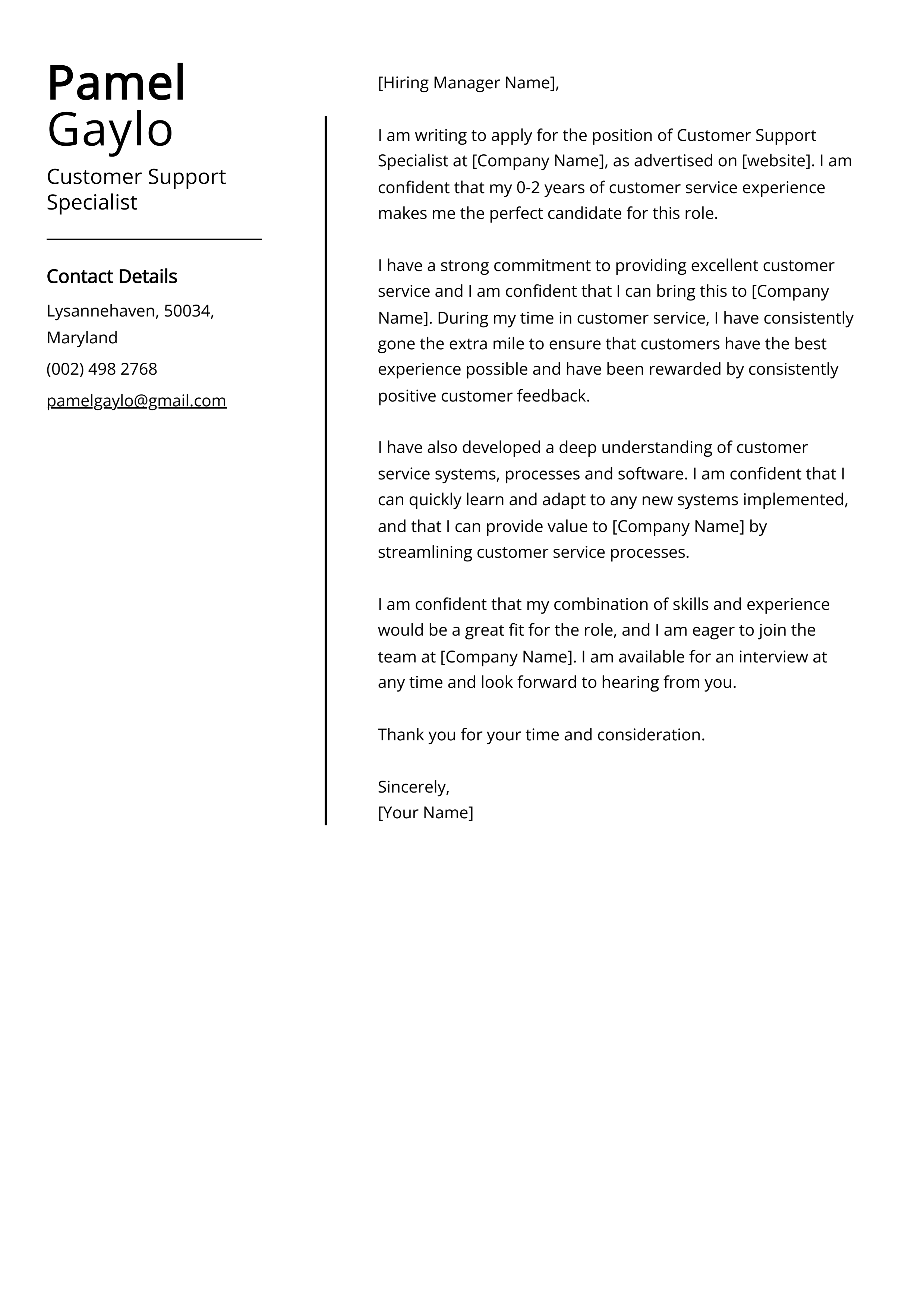 Customer Support Specialist Cover Letter Example