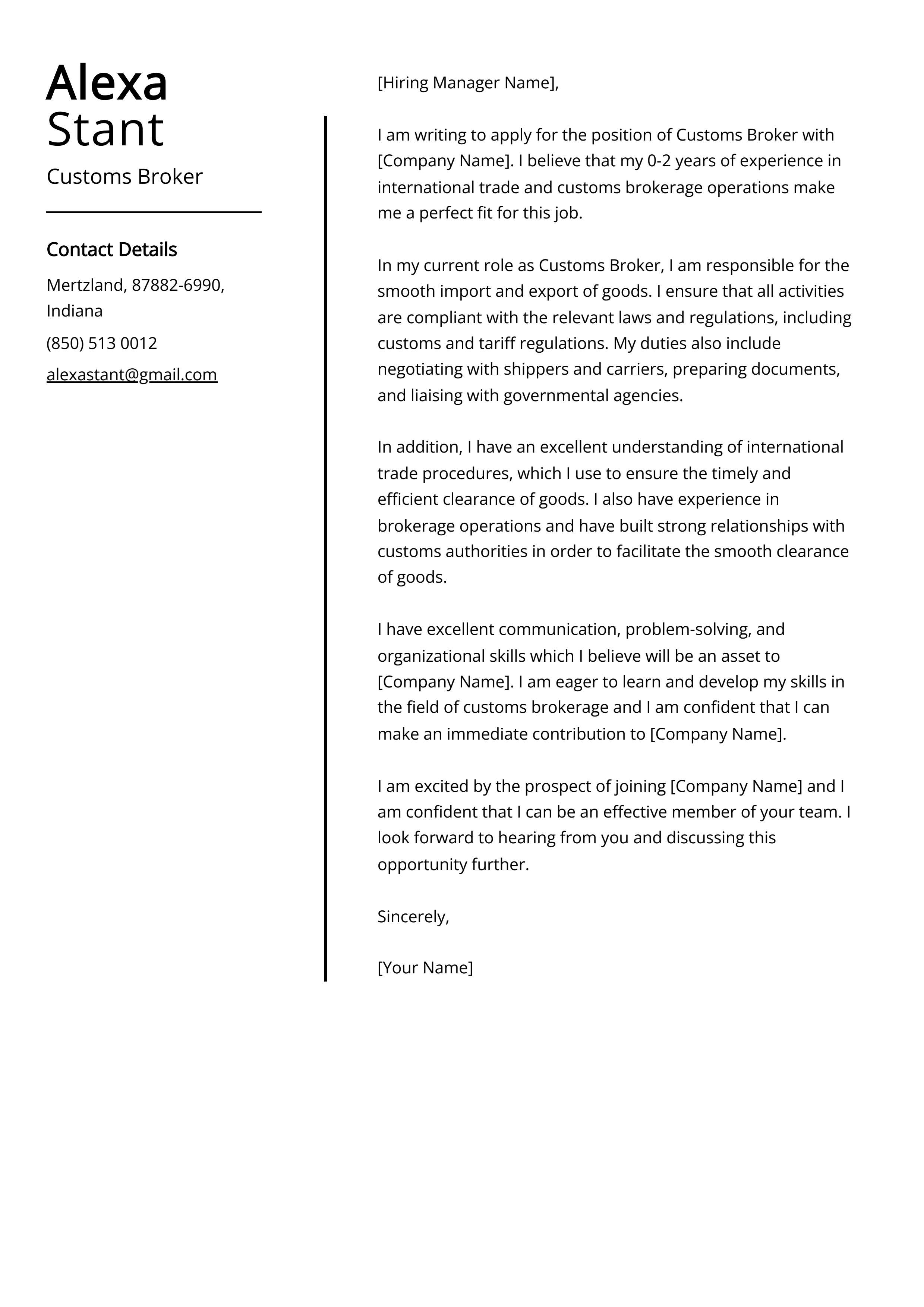Customs Broker Cover Letter Example