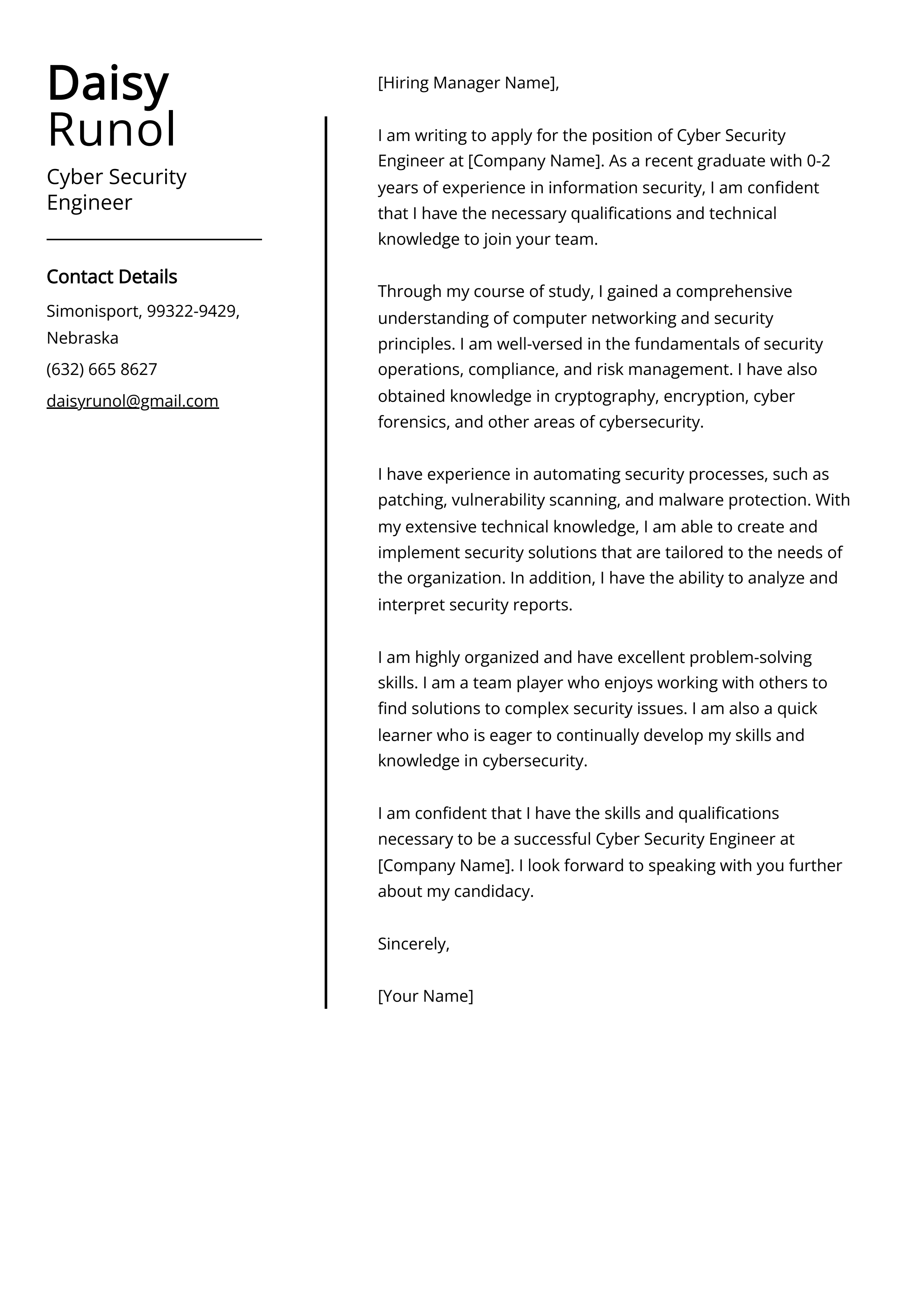 Cyber Security Engineer Cover Letter Example