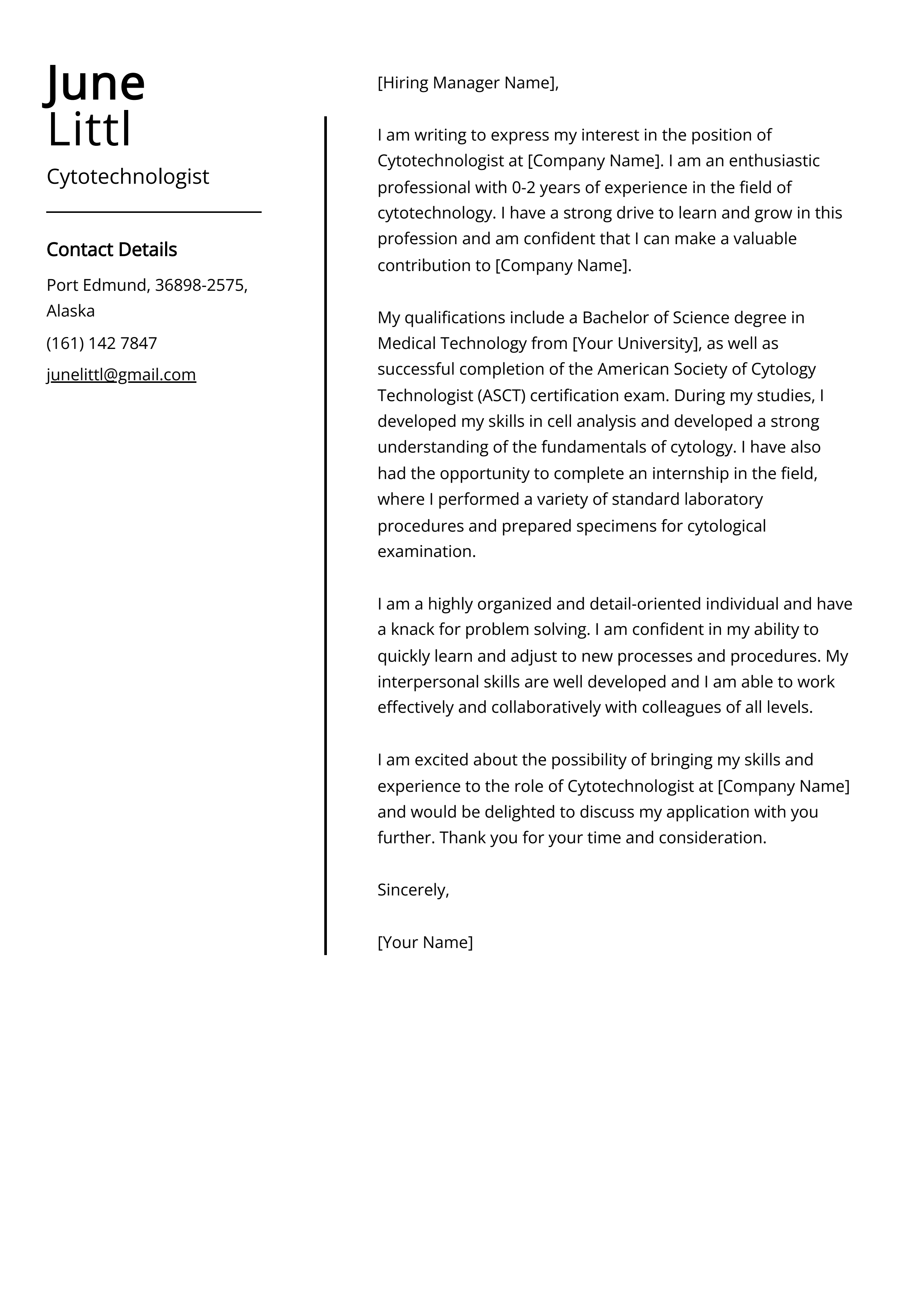 Cytotechnologist Cover Letter Example