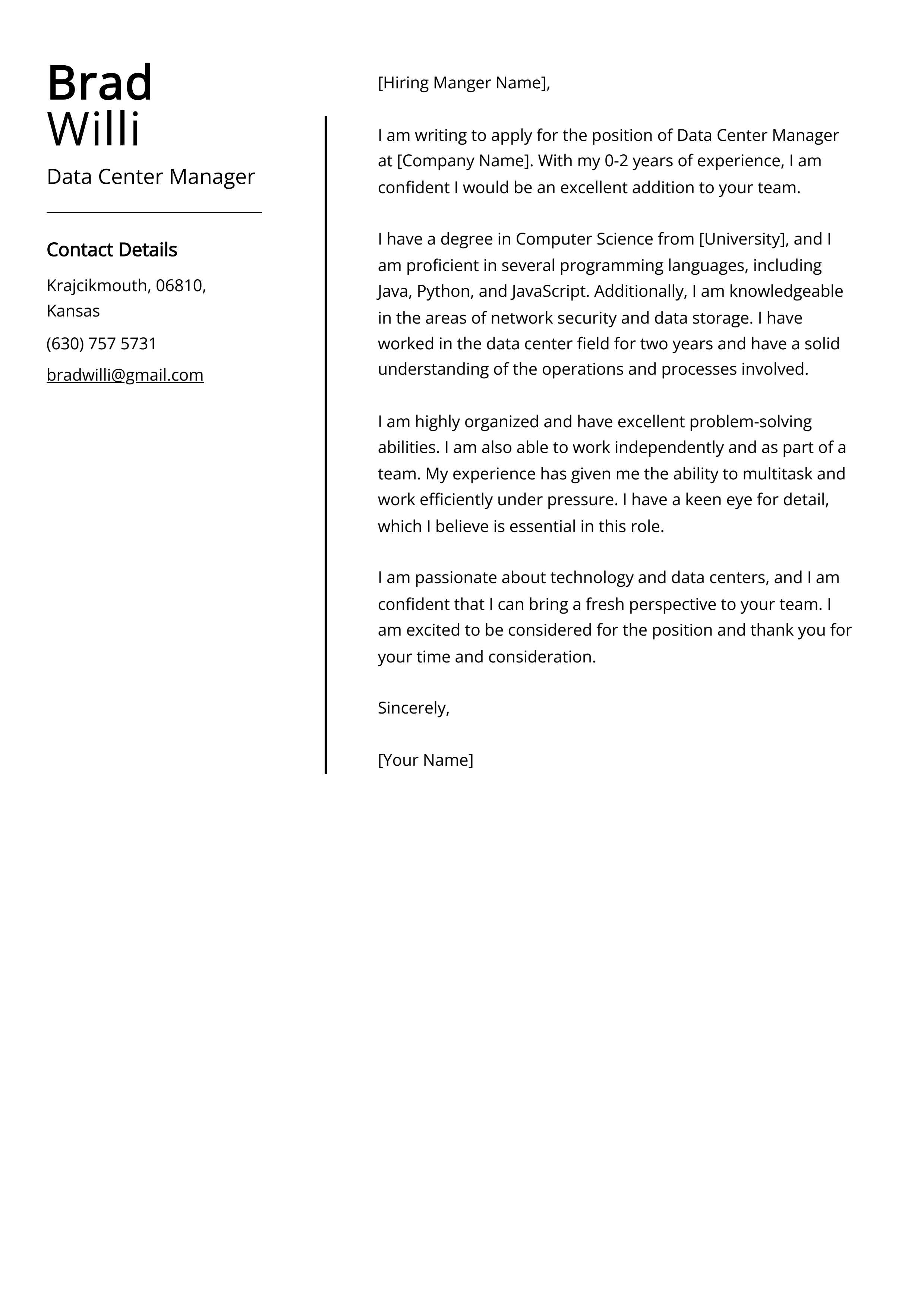 Data Center Manager Cover Letter Example