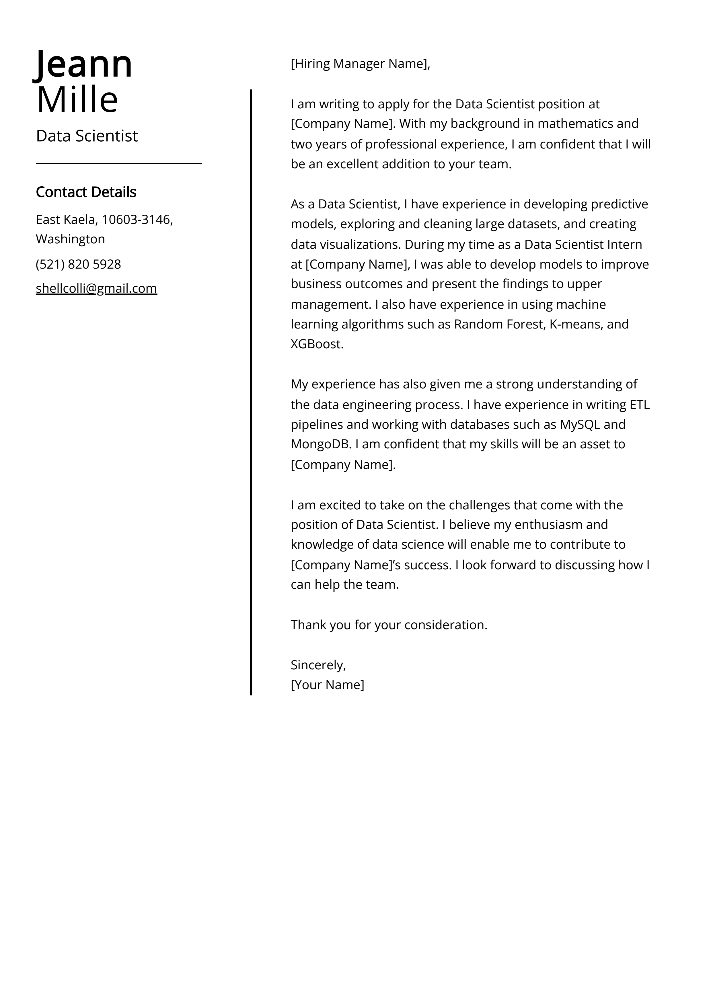 Experienced Data Scientist Cover Letter Example