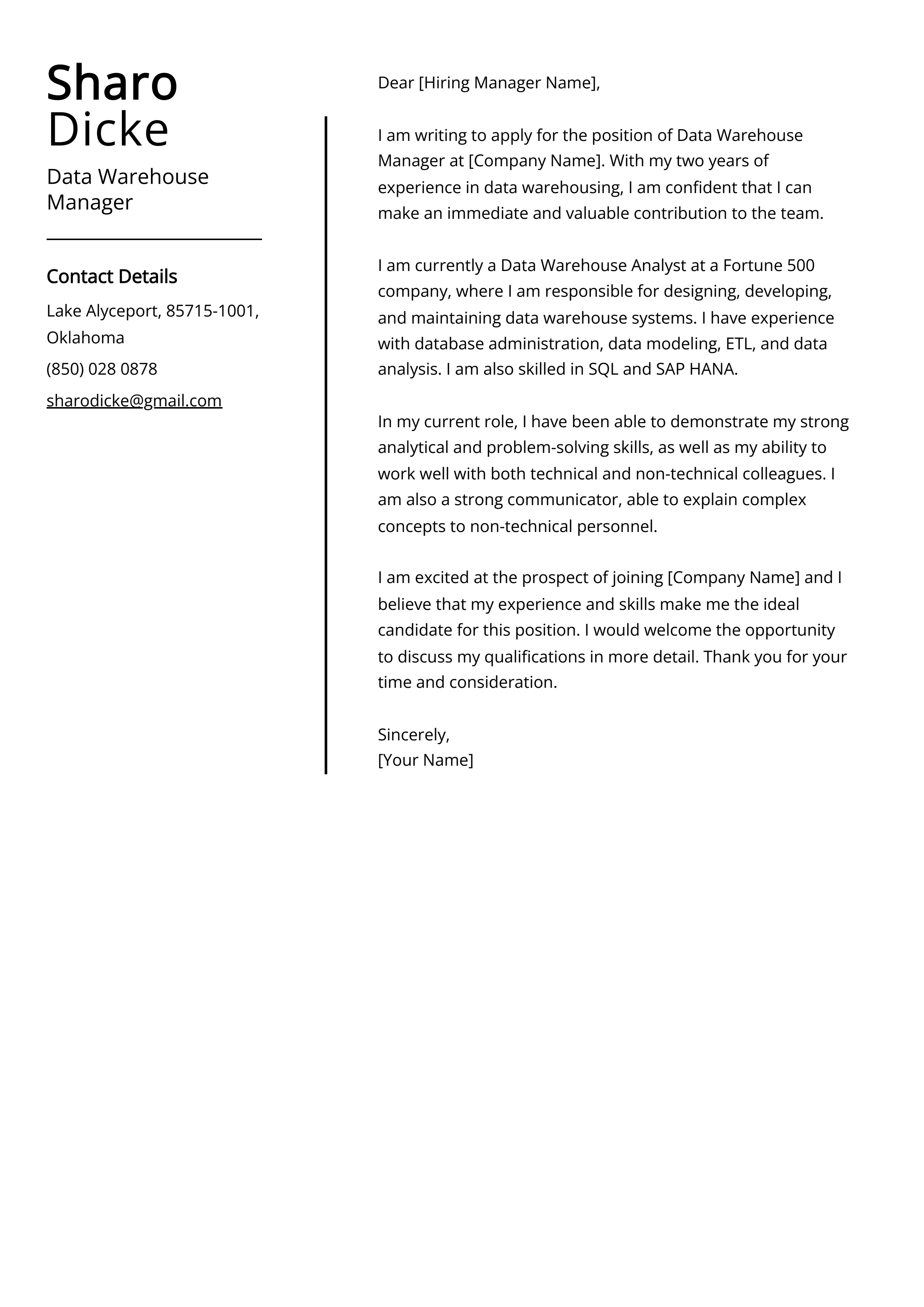 Data Warehouse Manager Cover Letter Example