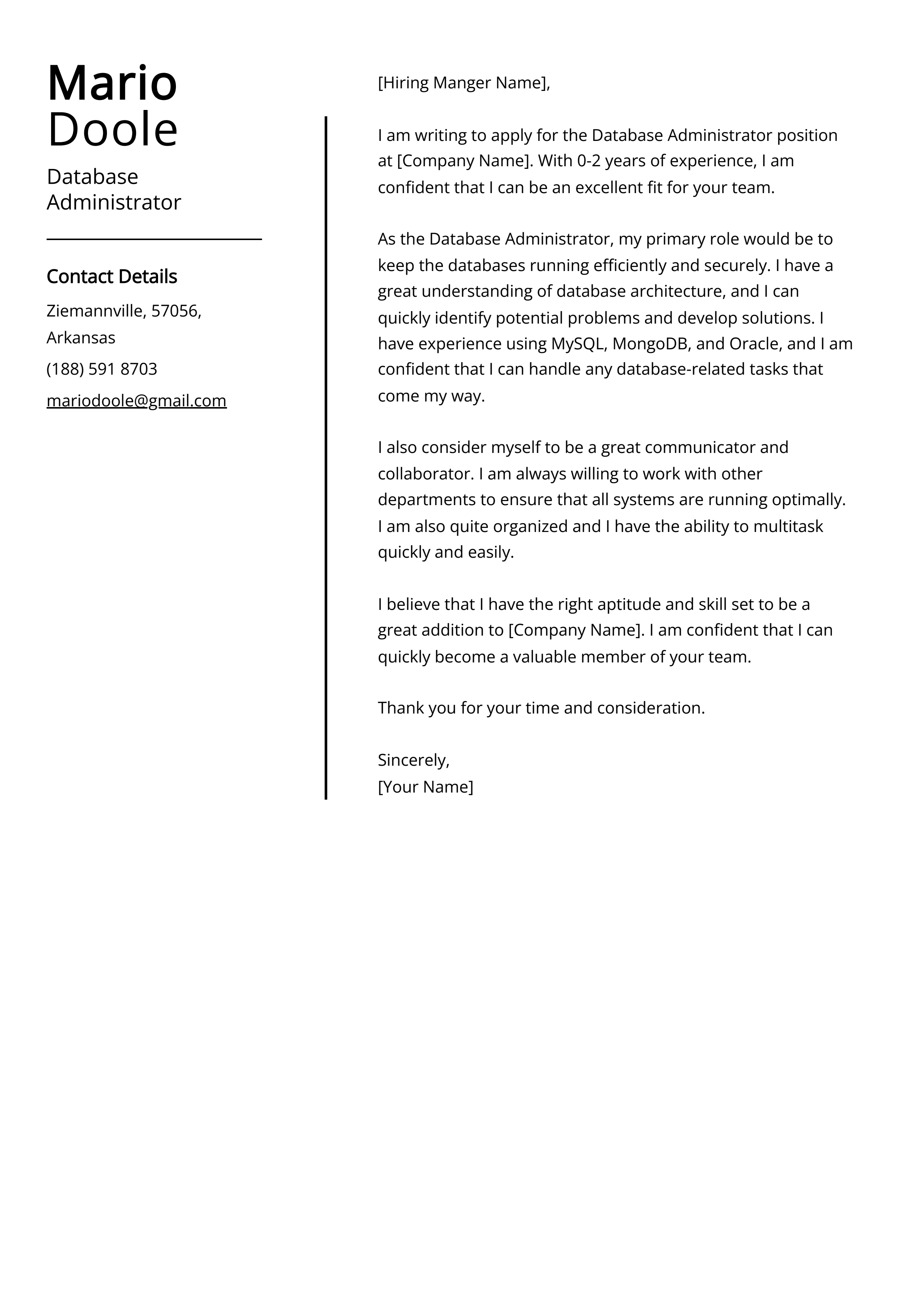 Database Administrator Cover Letter Example