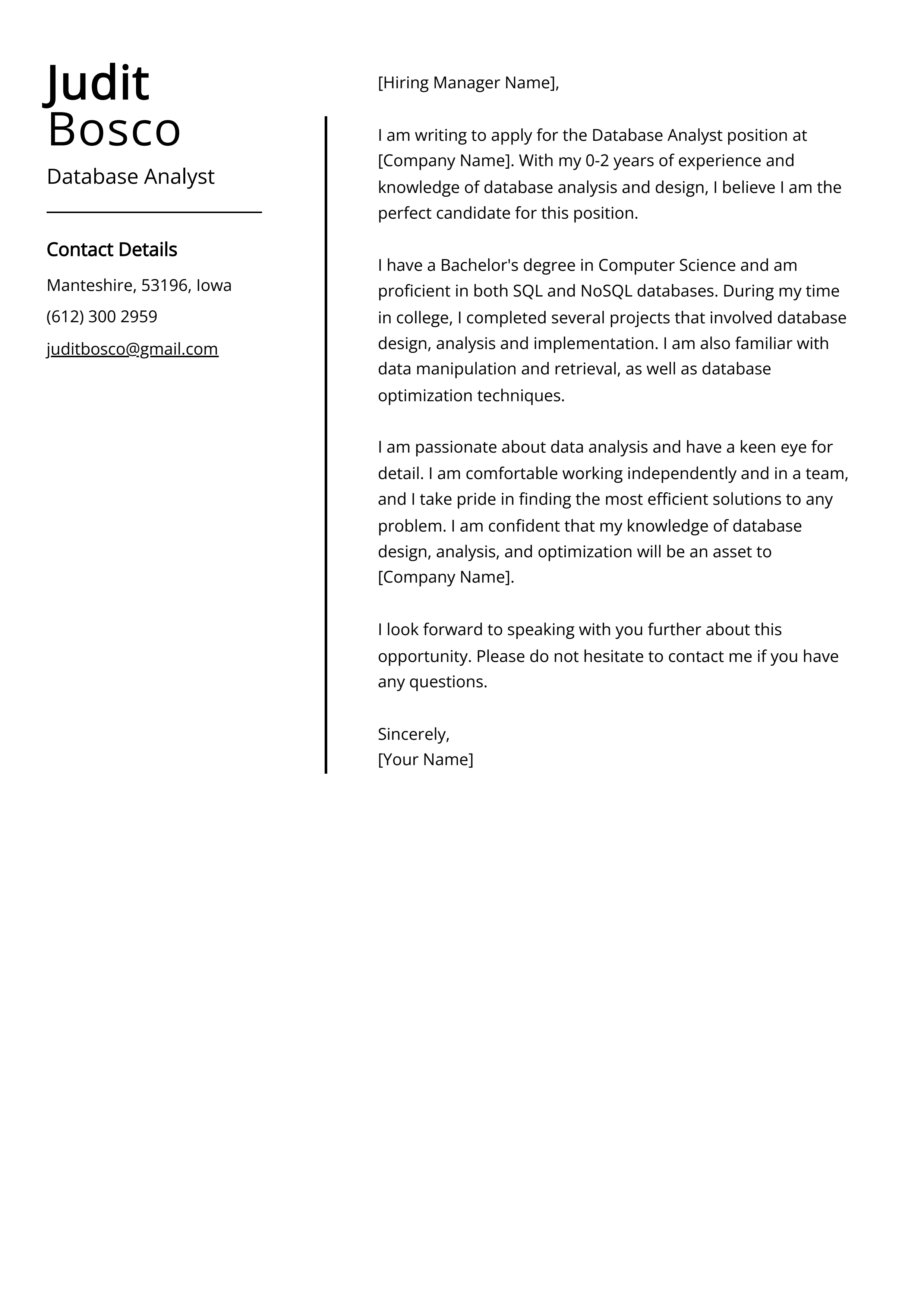 Database Analyst Cover Letter Example