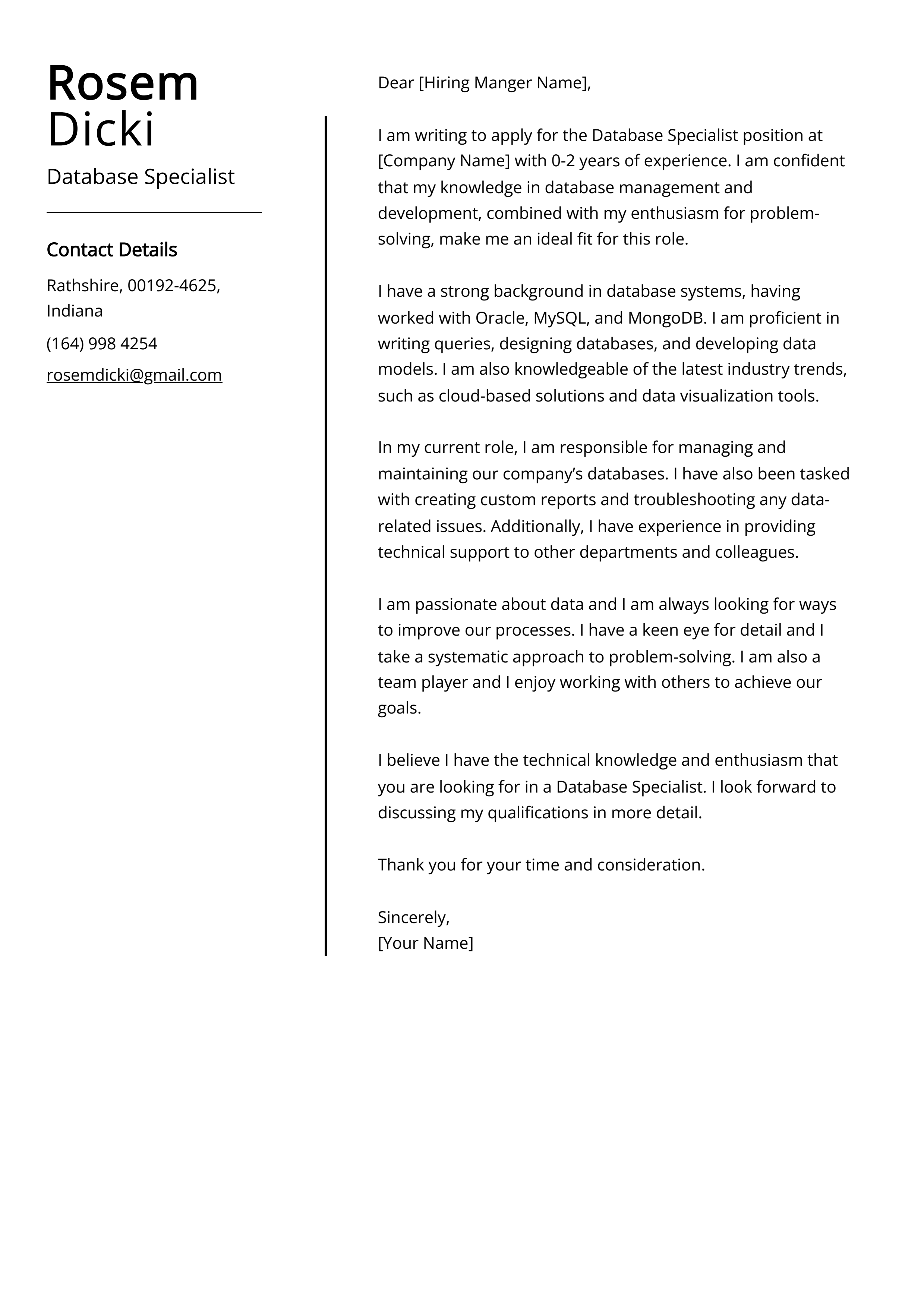 Database Specialist Cover Letter Example