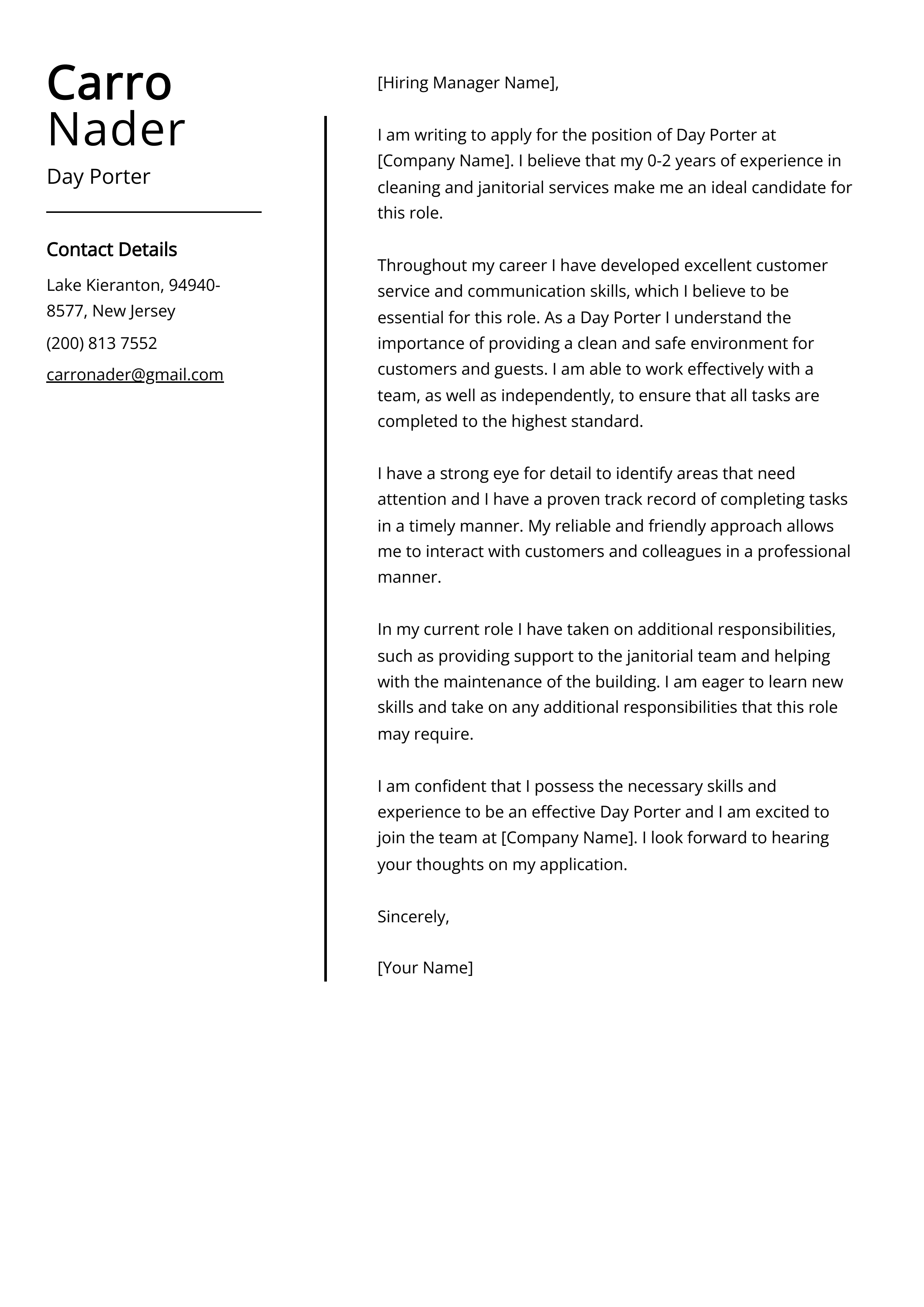 Day Porter Cover Letter Example