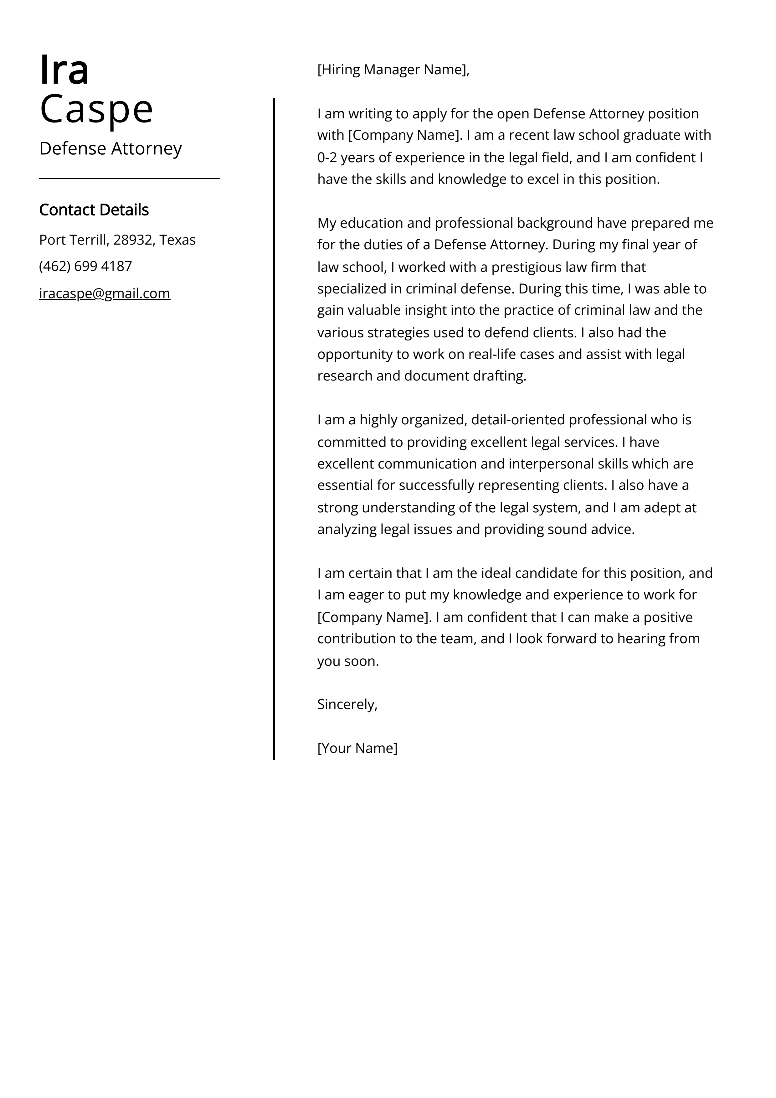 Defense Attorney Cover Letter Example