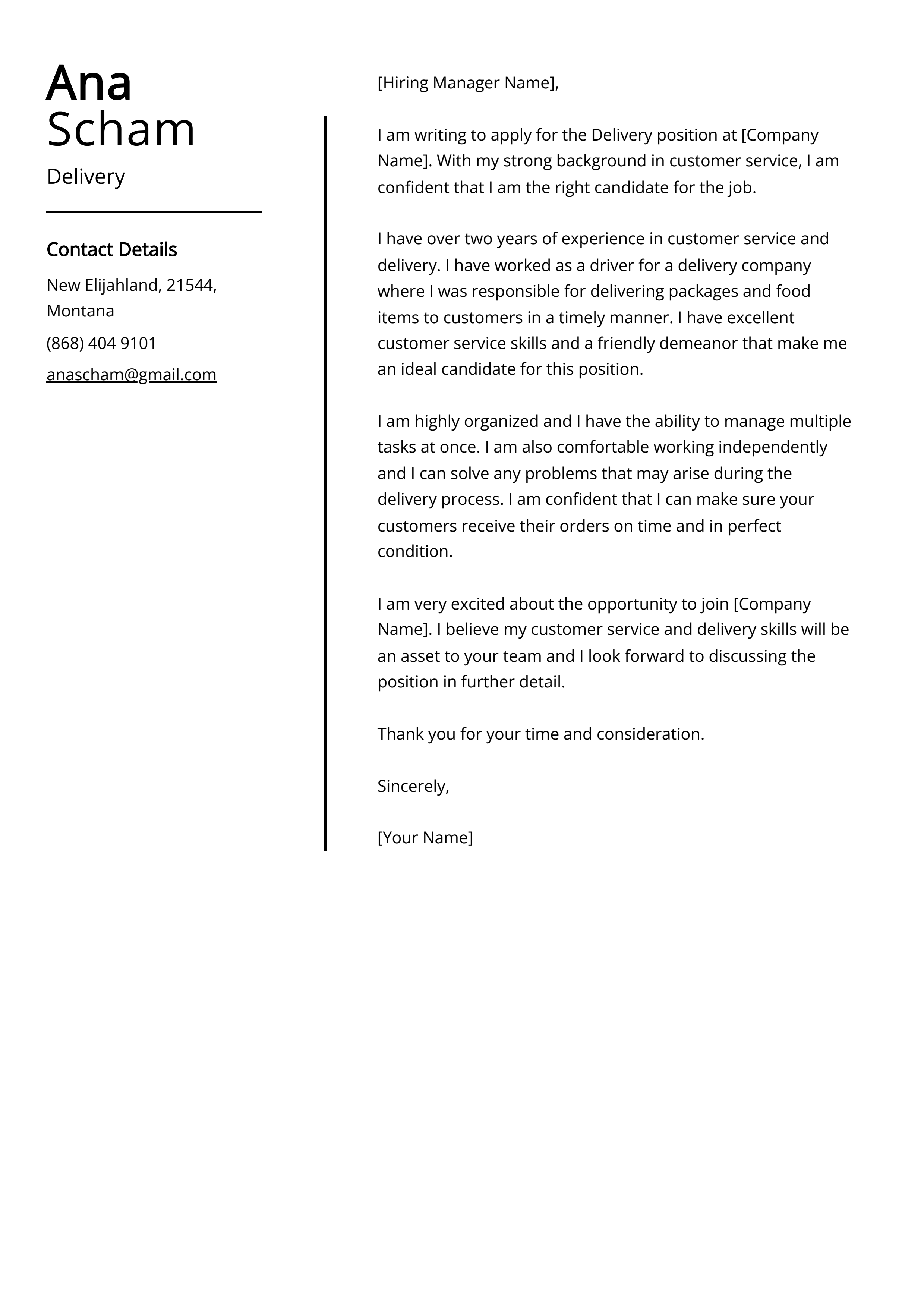 Delivery Cover Letter Example