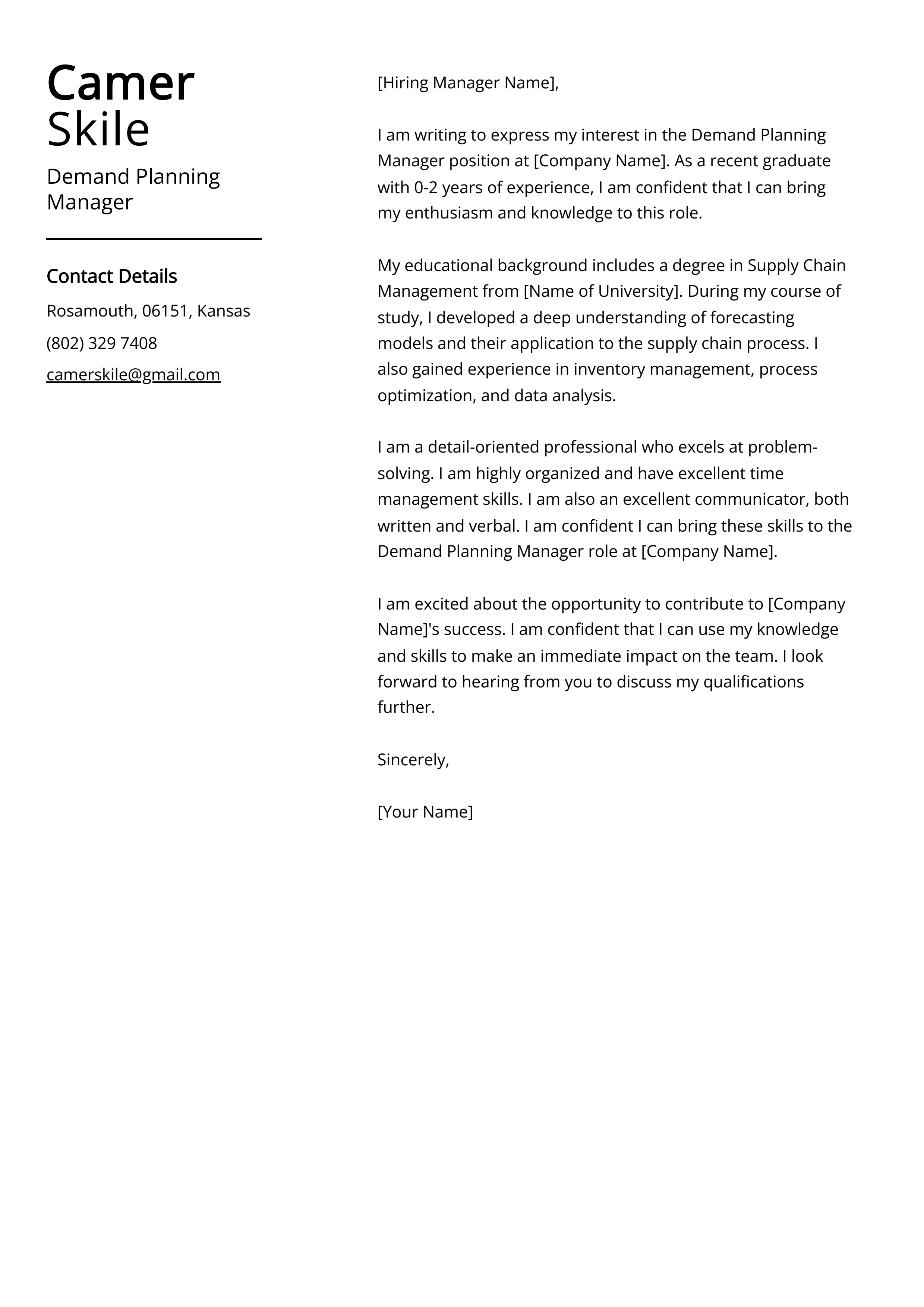 Demand Planning Manager Cover Letter Example