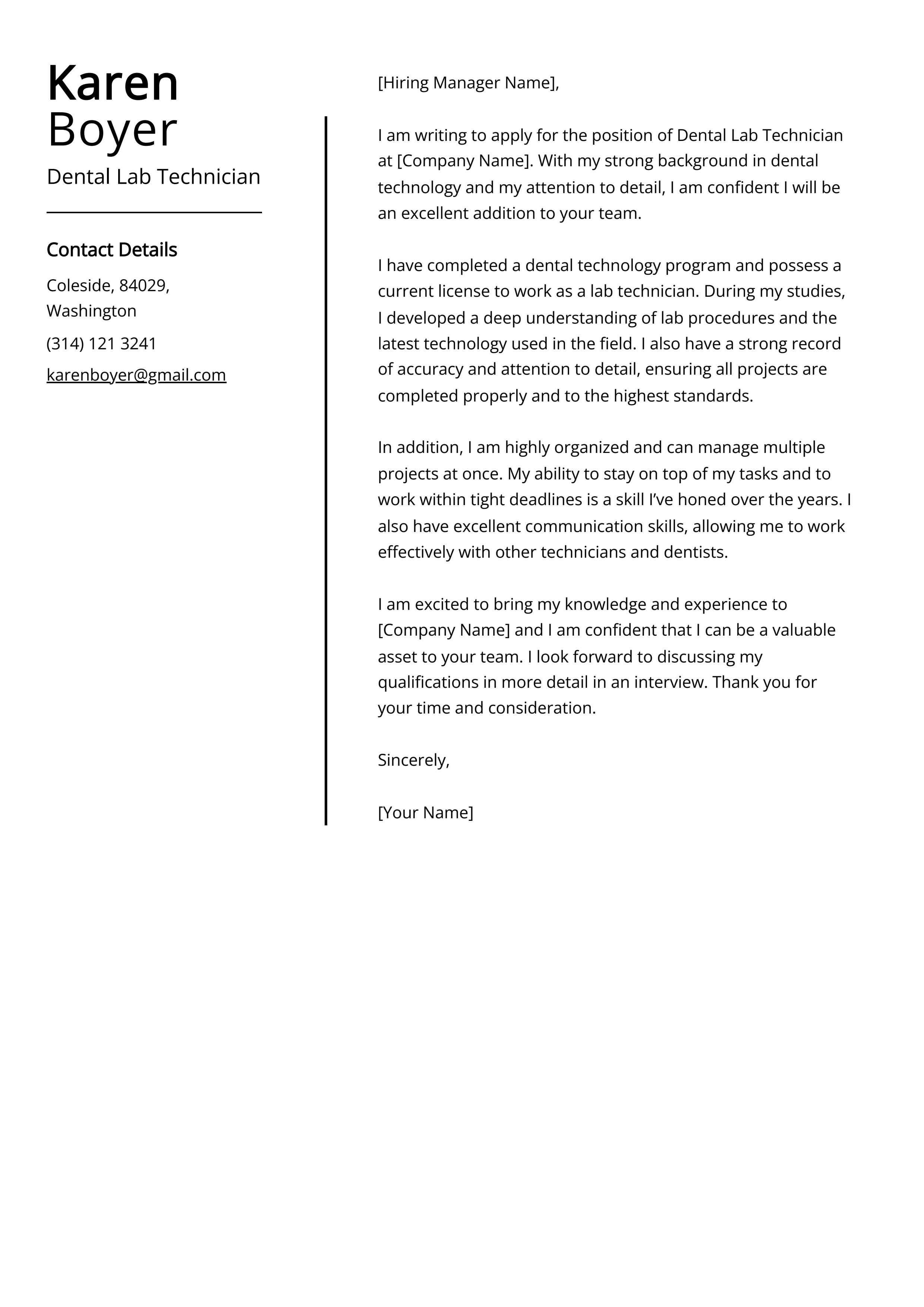 Dental Lab Technician Cover Letter Example