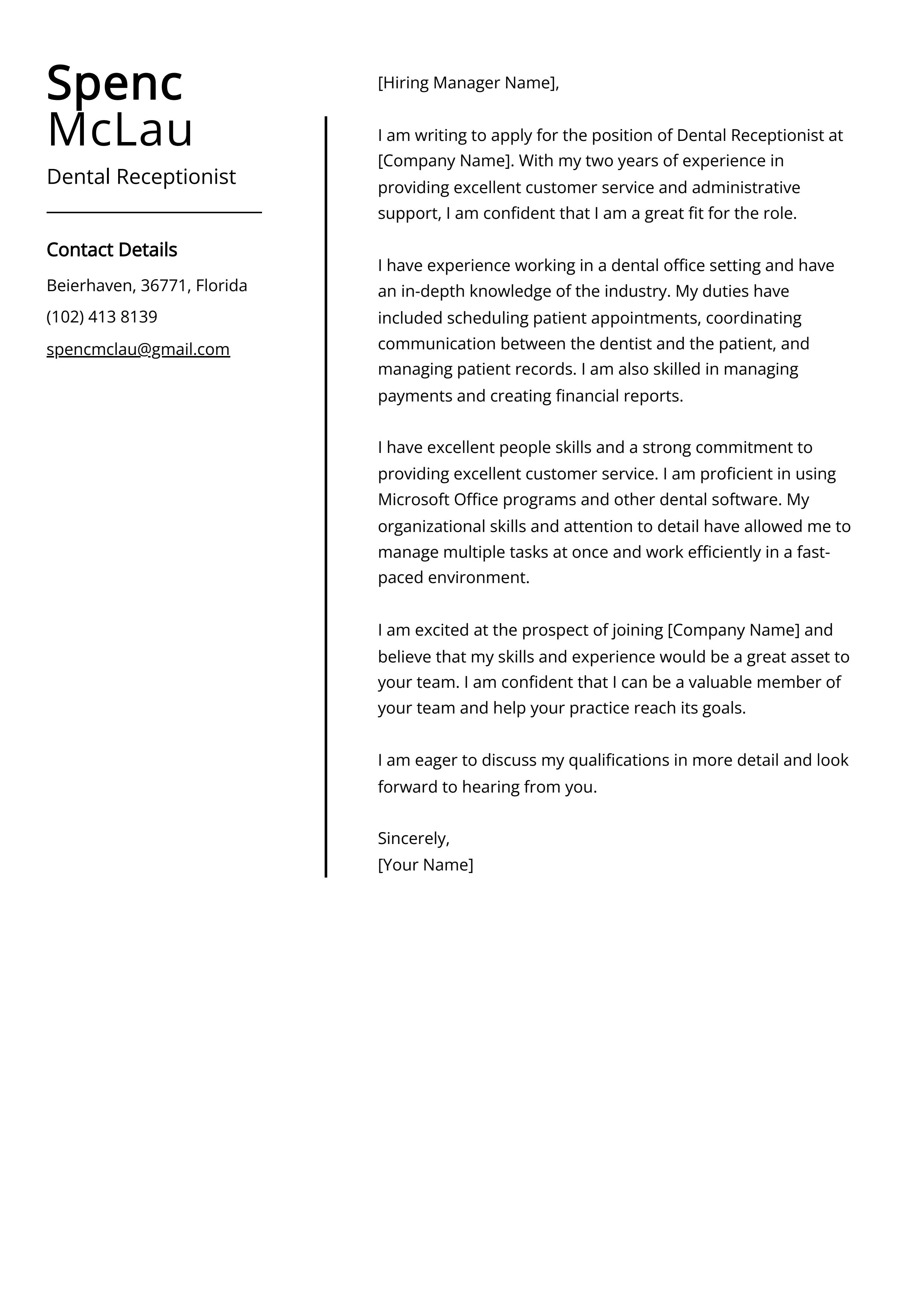 Dental Receptionist Cover Letter Example