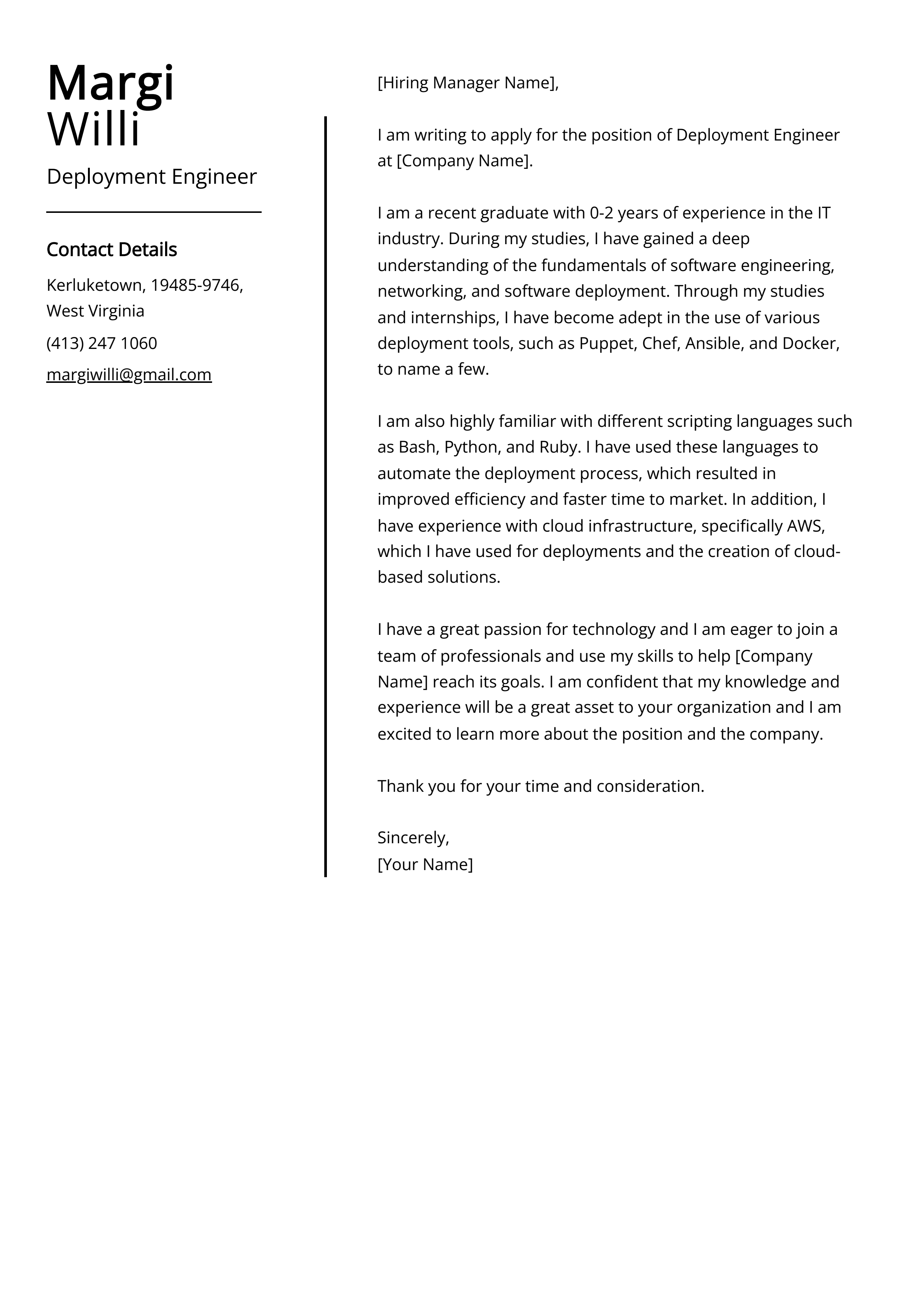 Deployment Engineer Cover Letter Example