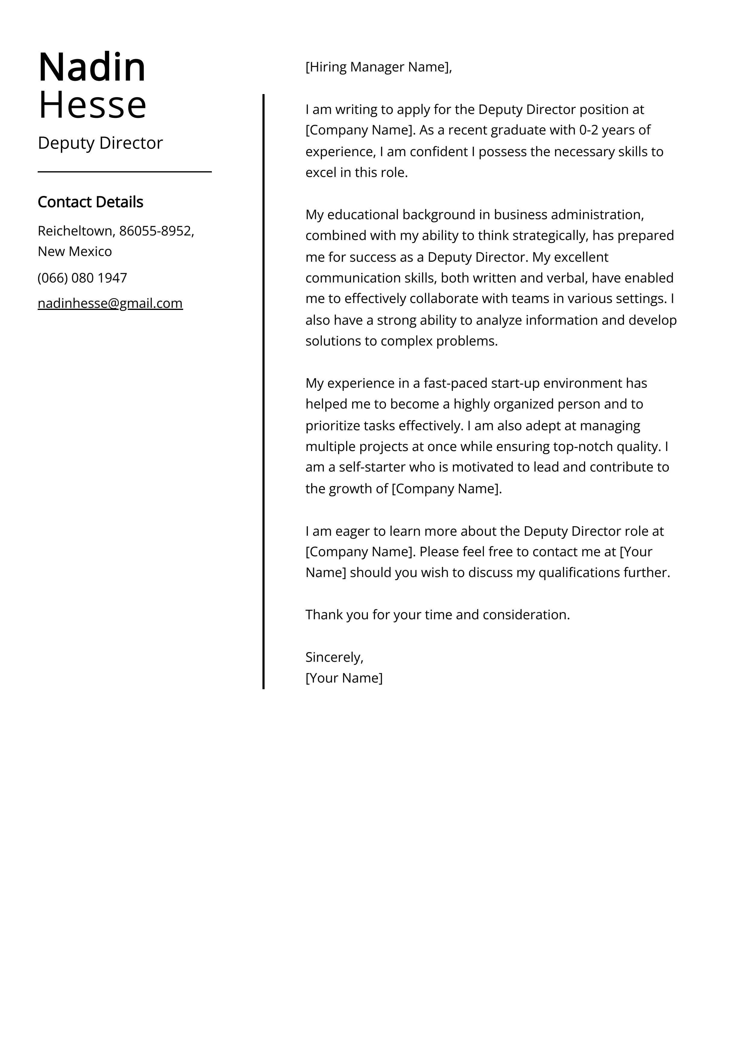 Deputy Director Cover Letter Example