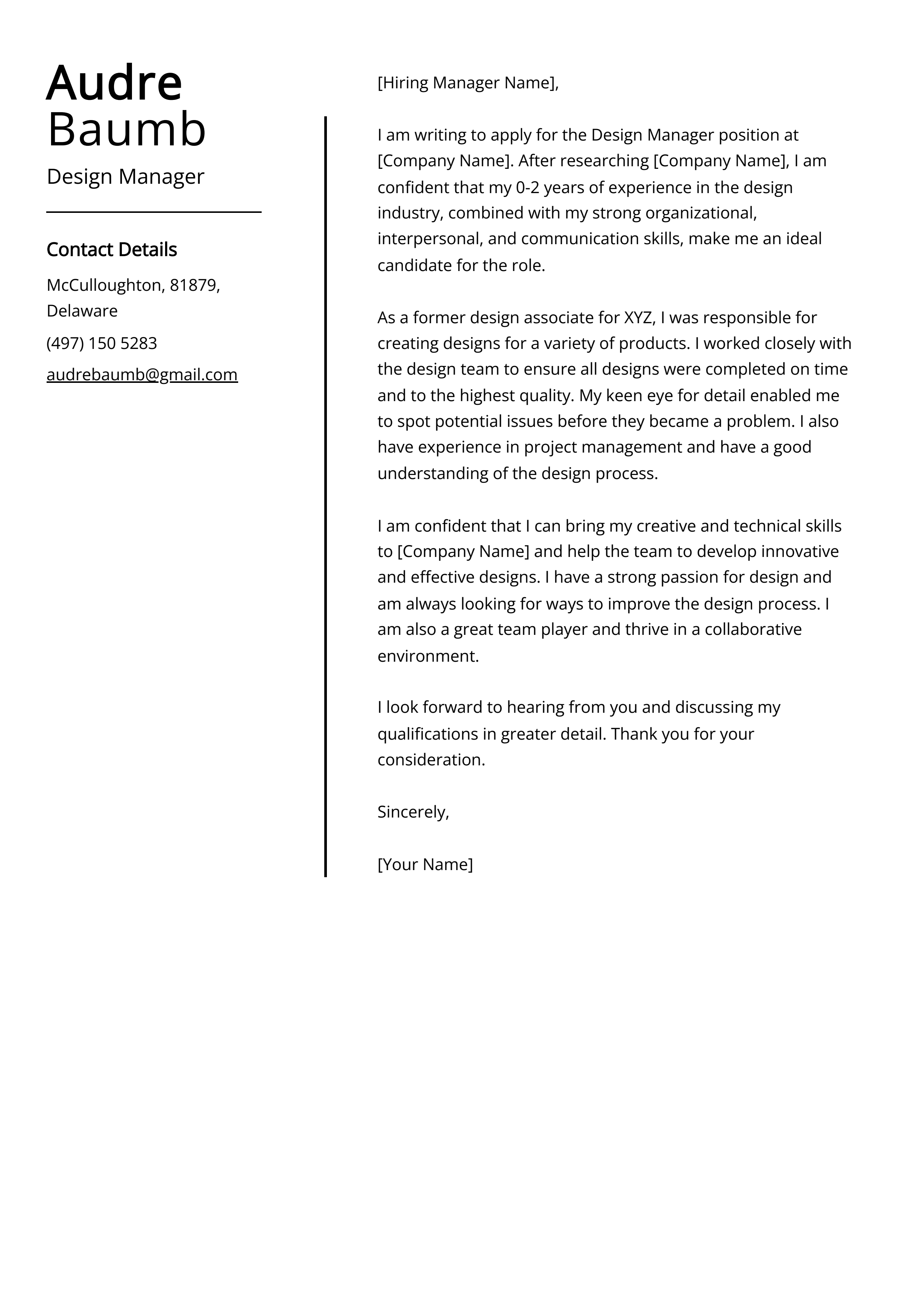 Design Manager Cover Letter Example