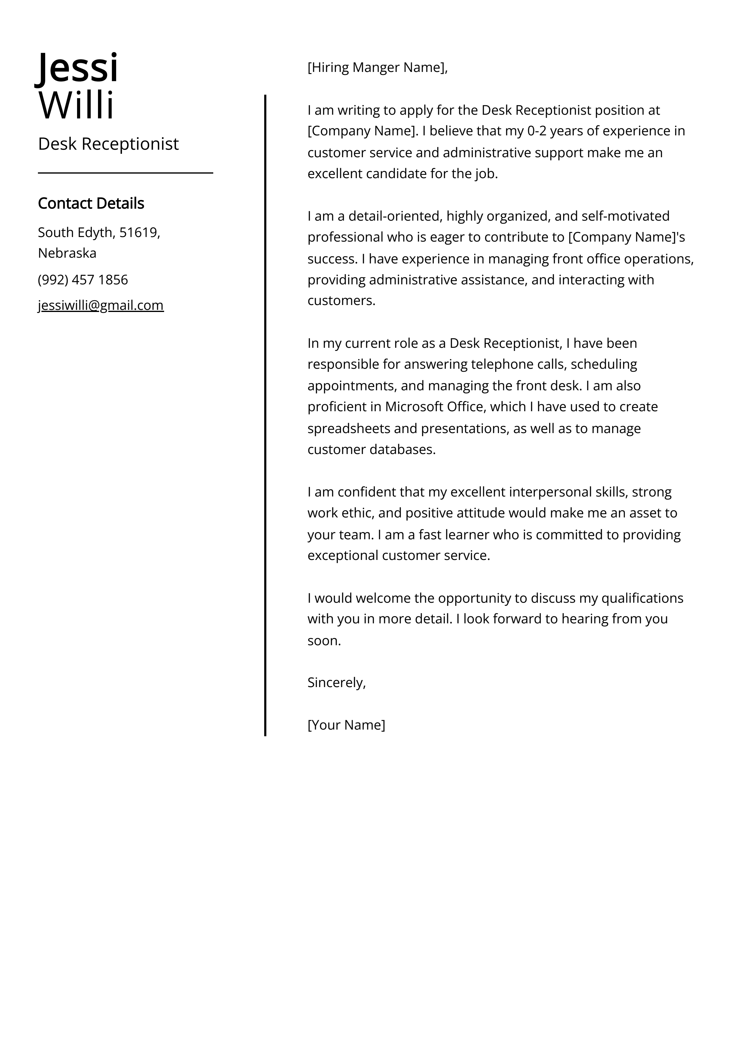 Desk Receptionist Cover Letter Example