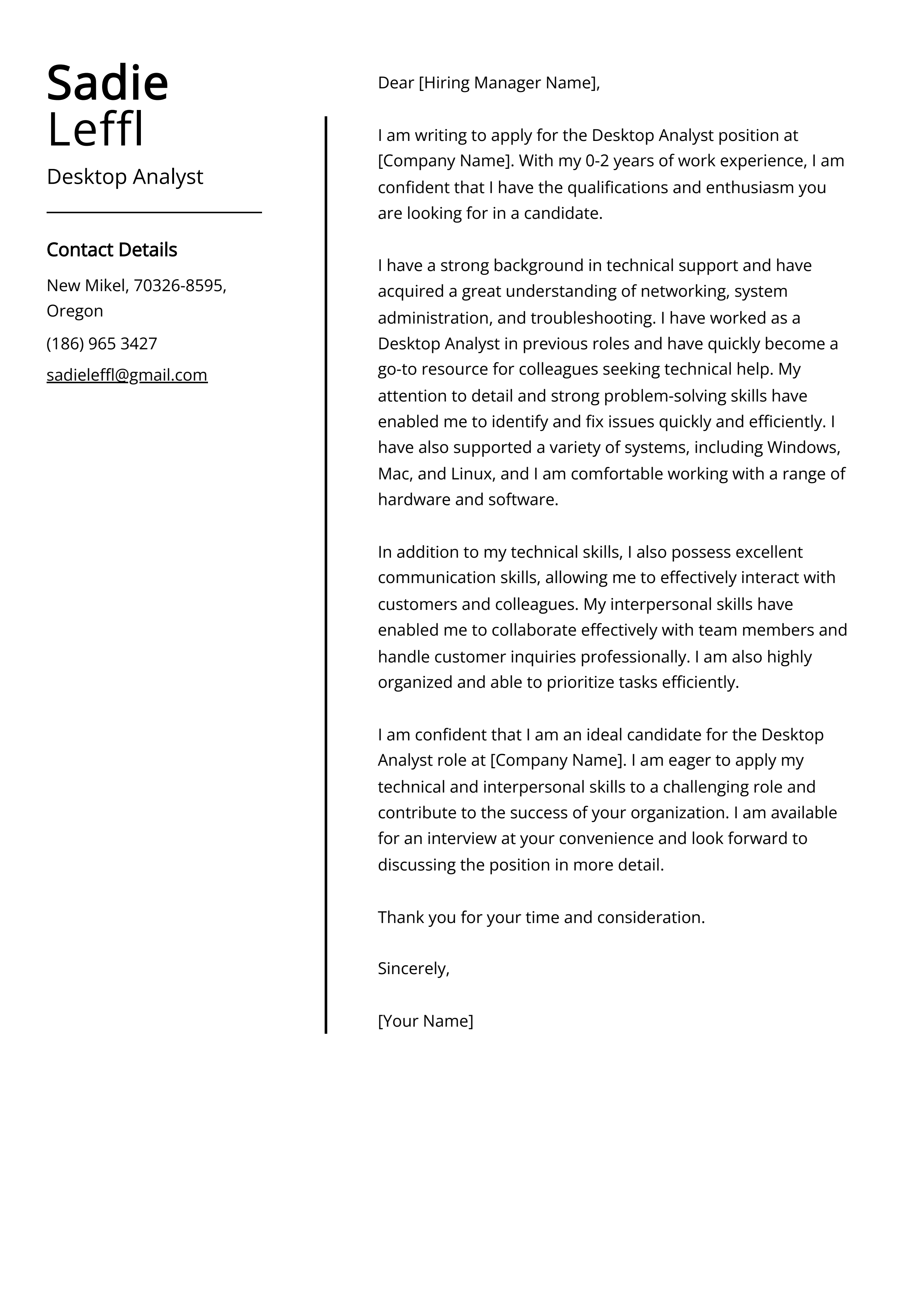 Desktop Analyst Cover Letter Example